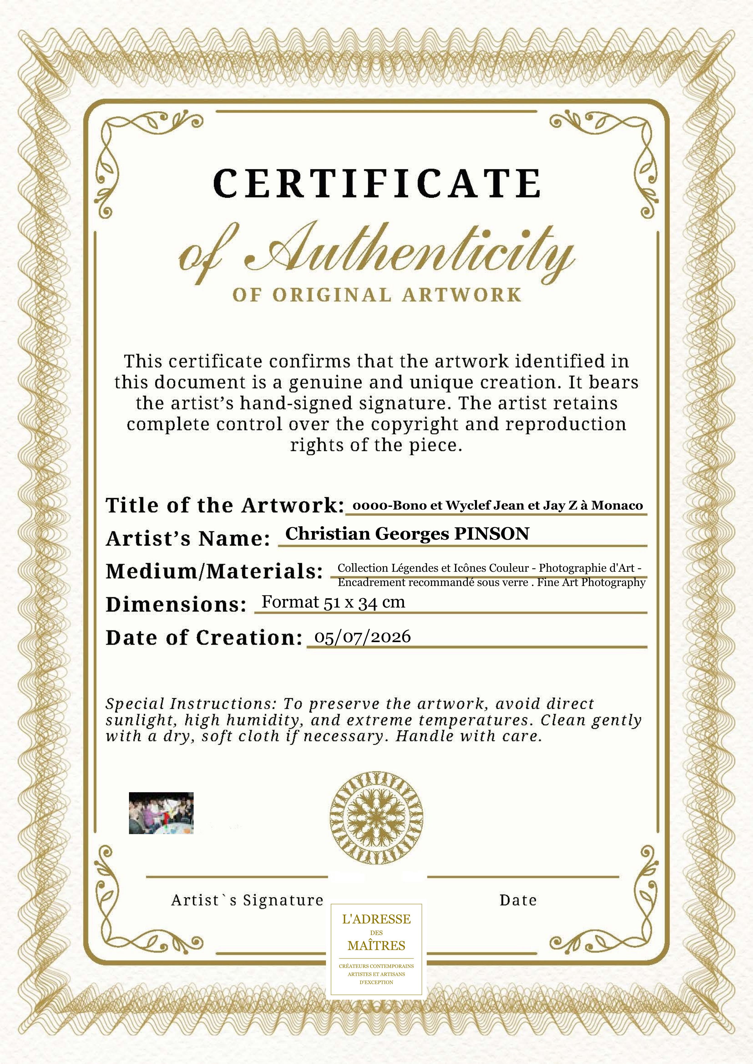 Certificat d'authenticité — 0000-Bono et Wyclef Jean et Jay Z à Monaco — Christian Georges PINSON