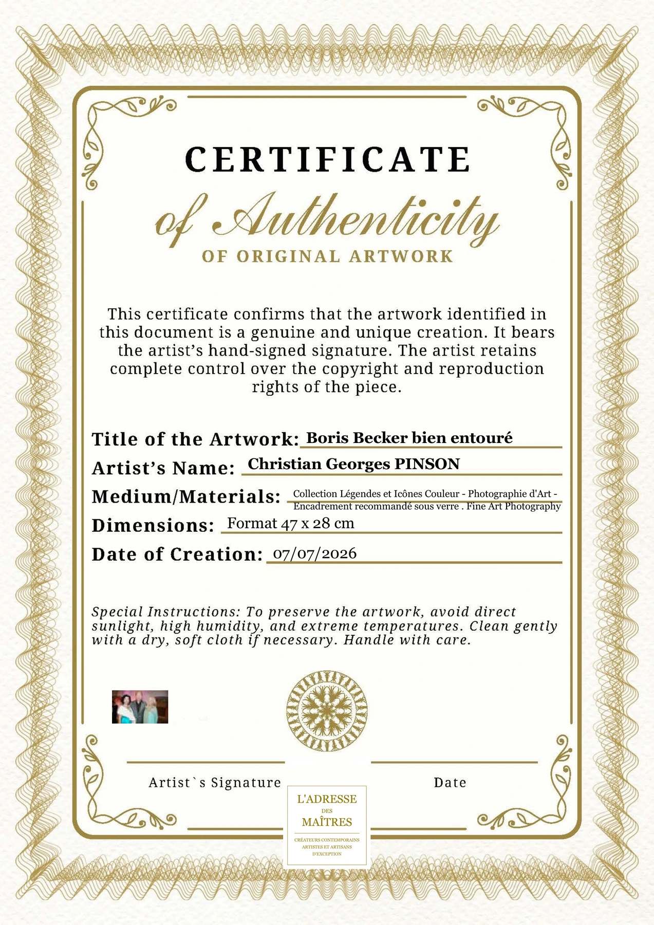 Certificat d'authenticité - Boris Becker bien entouré - Christian Georges PINSON
