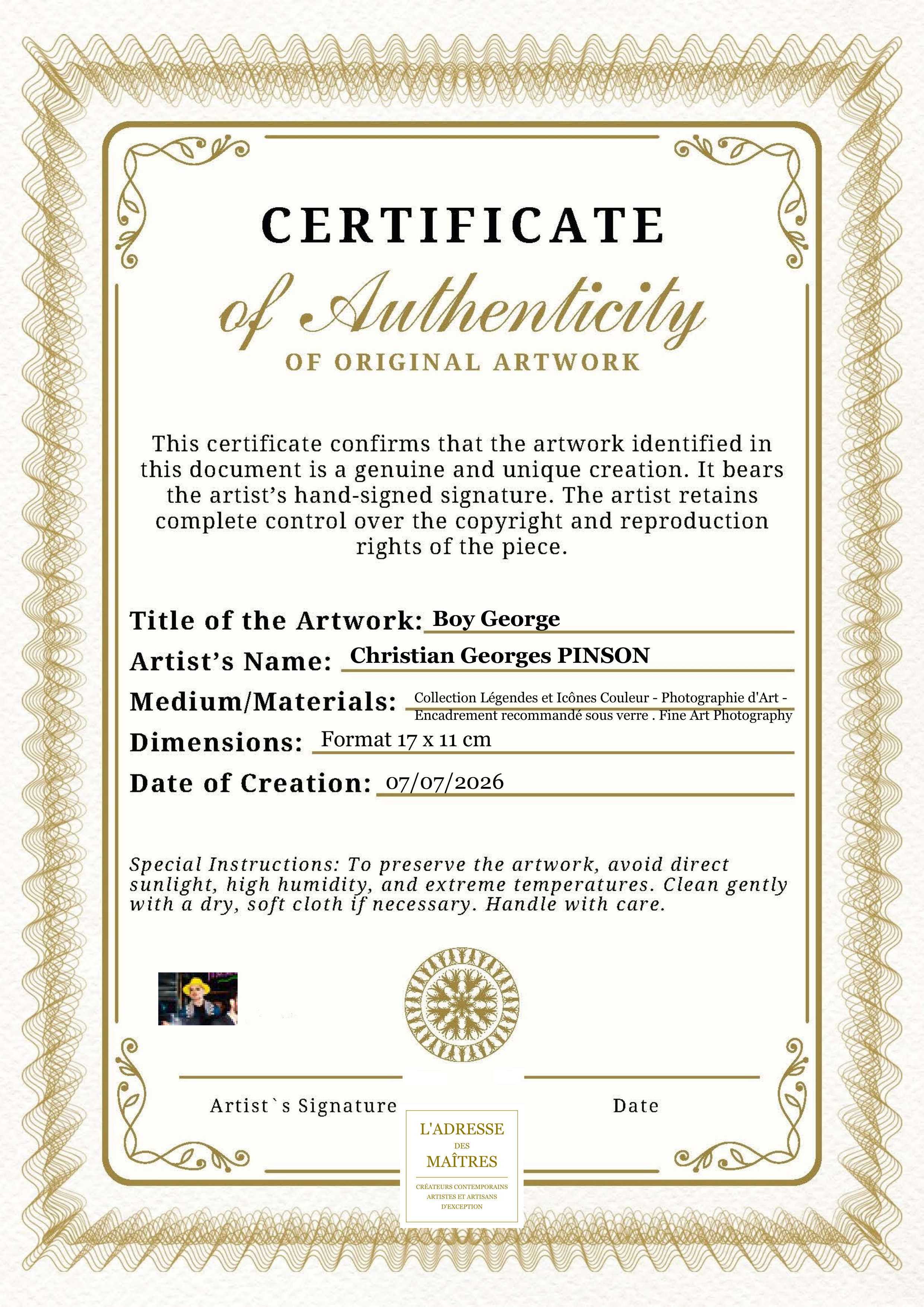 Certificat d'authenticité — Boy George — Christian Georges PINSON