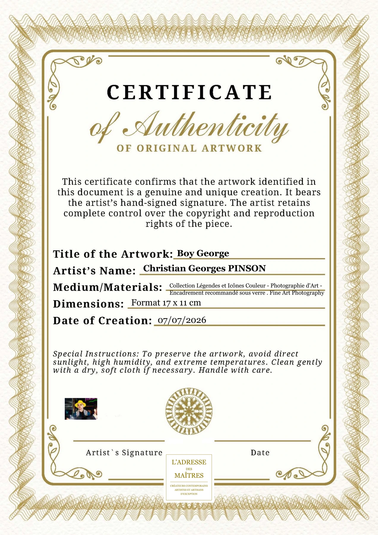 Certificat d'authenticité - Boy George - Christian Georges PINSON