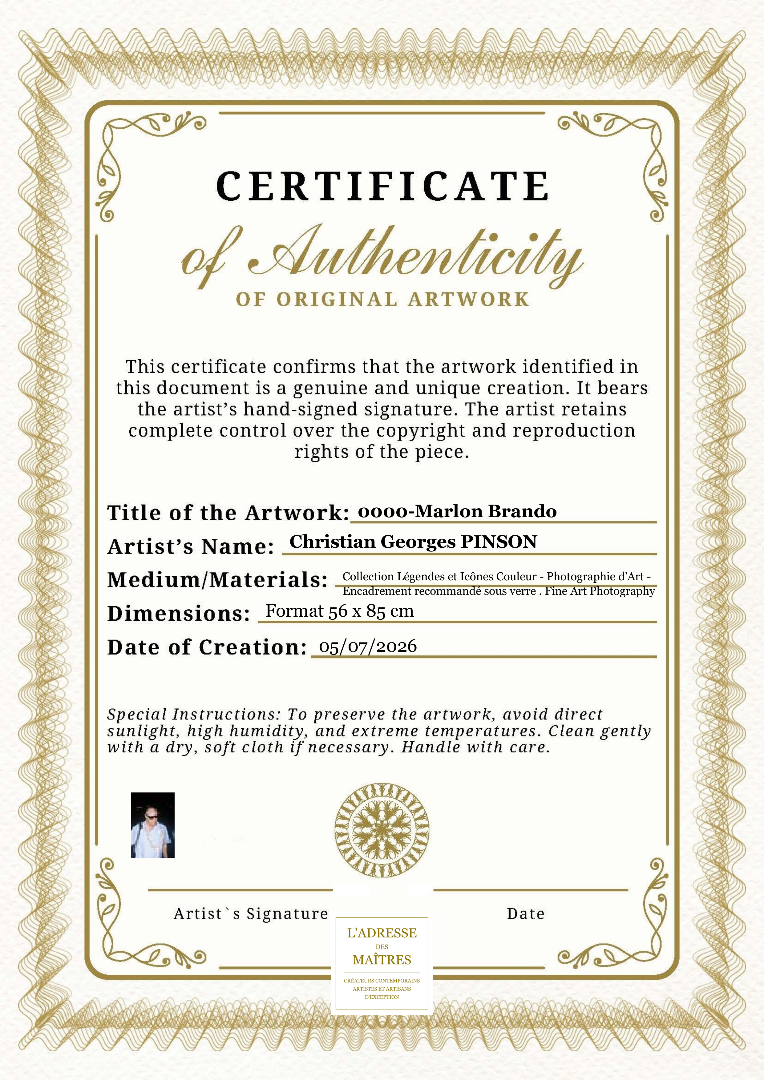 Certificat d'authenticité — 0000-Marlon Brando — Christian Georges PINSON