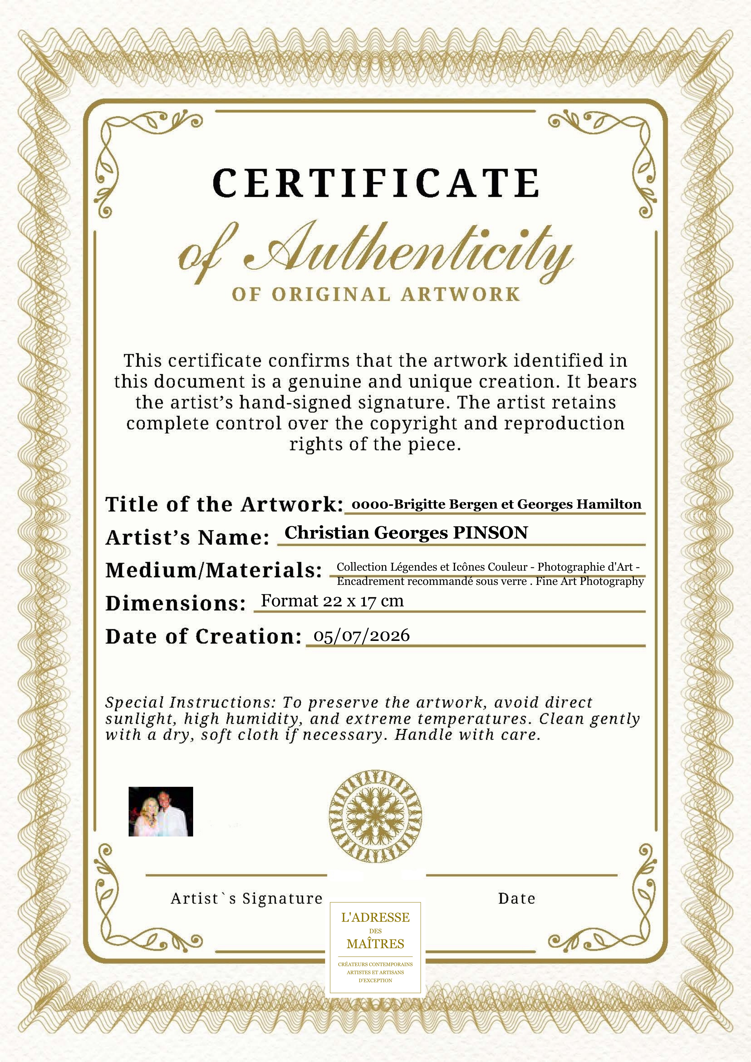 Certificat d'authenticité — 0000-Brigitte Bergen et Georges Hamilton — Christian Georges PINSON