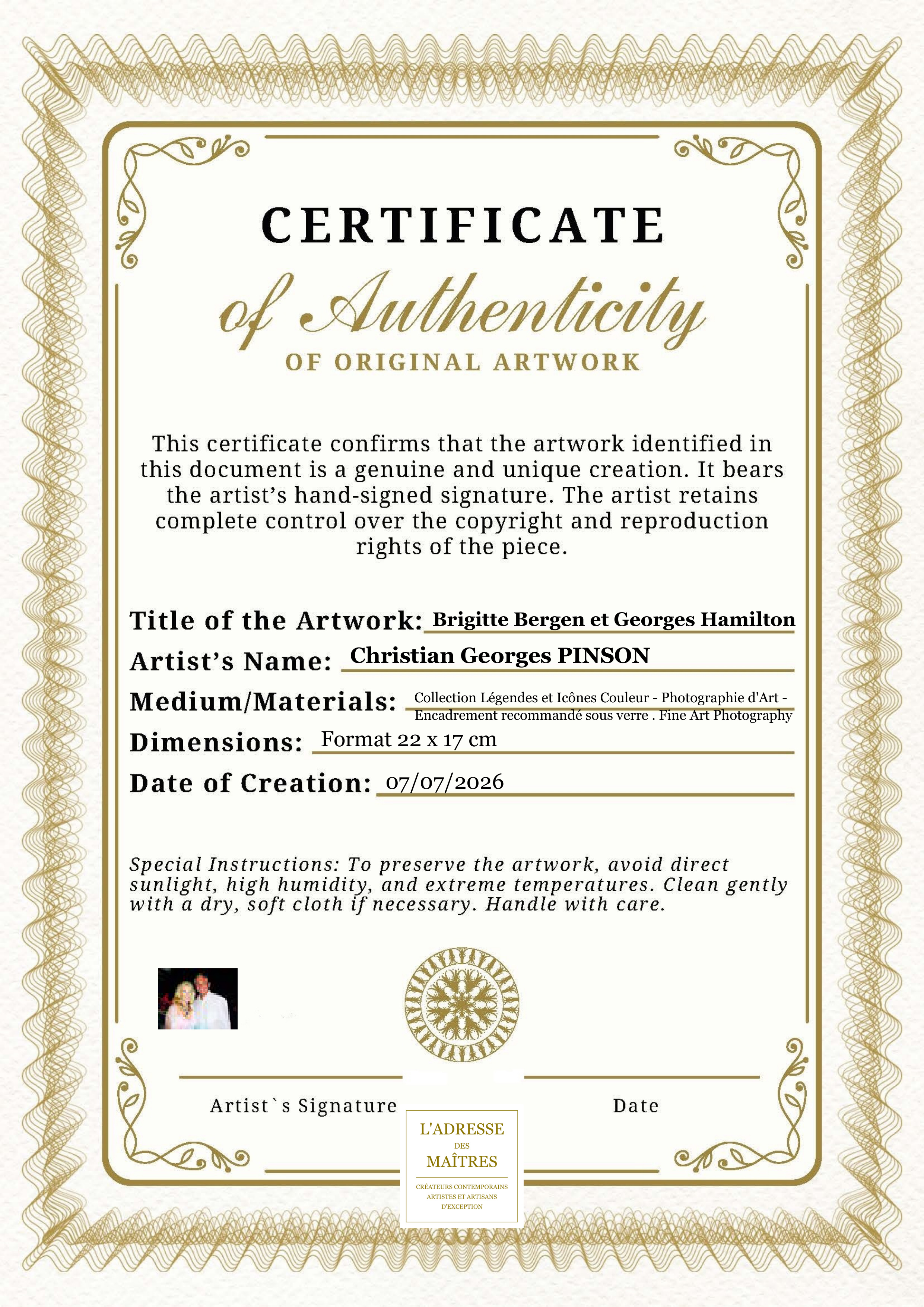 Certificat d'authenticité — Brigitte Bergen et Georges Hamilton — Christian Georges PINSON