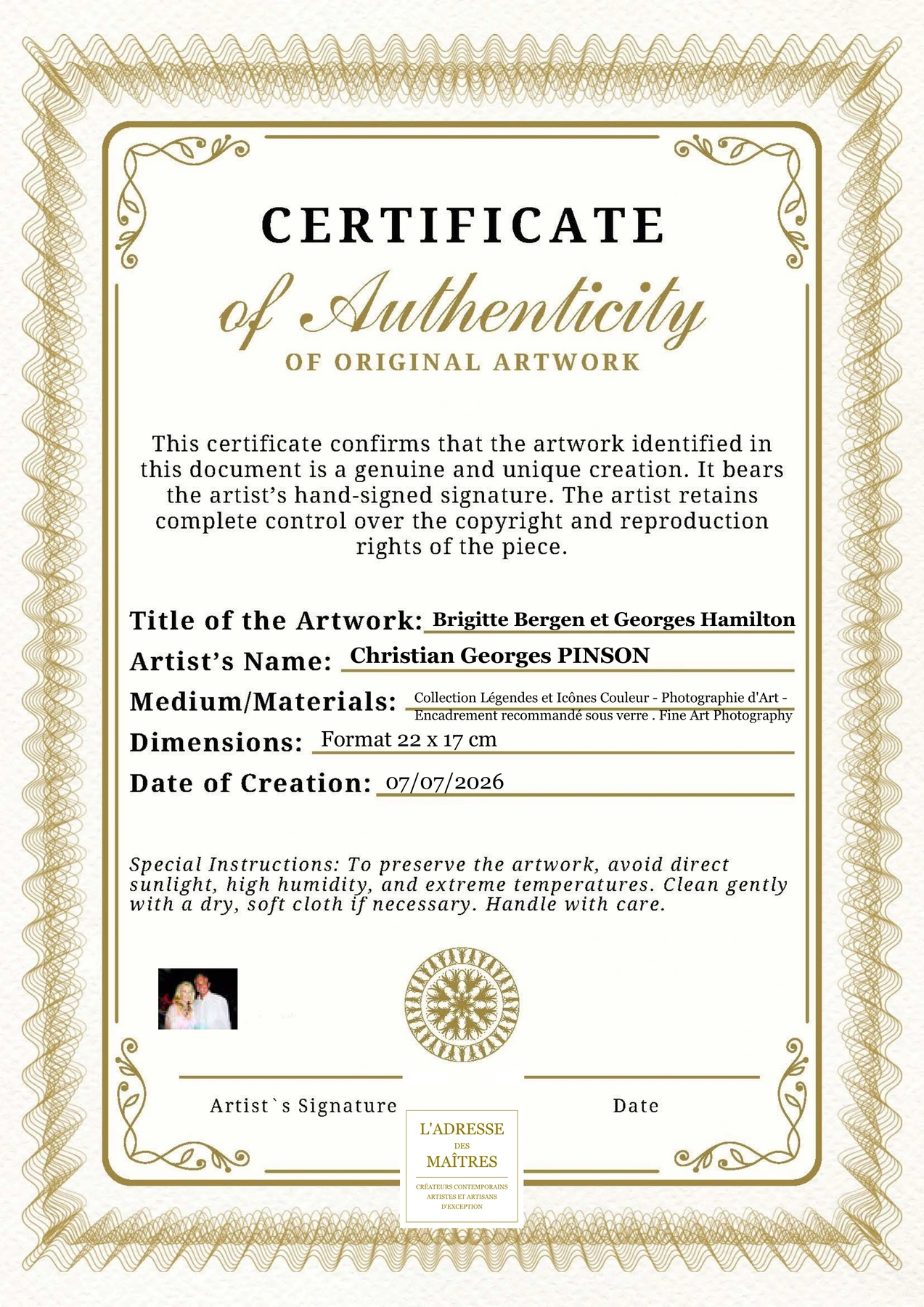 Certificat d'authenticité - Brigitte Bergen et Georges Hamilton - Christian Georges PINSON