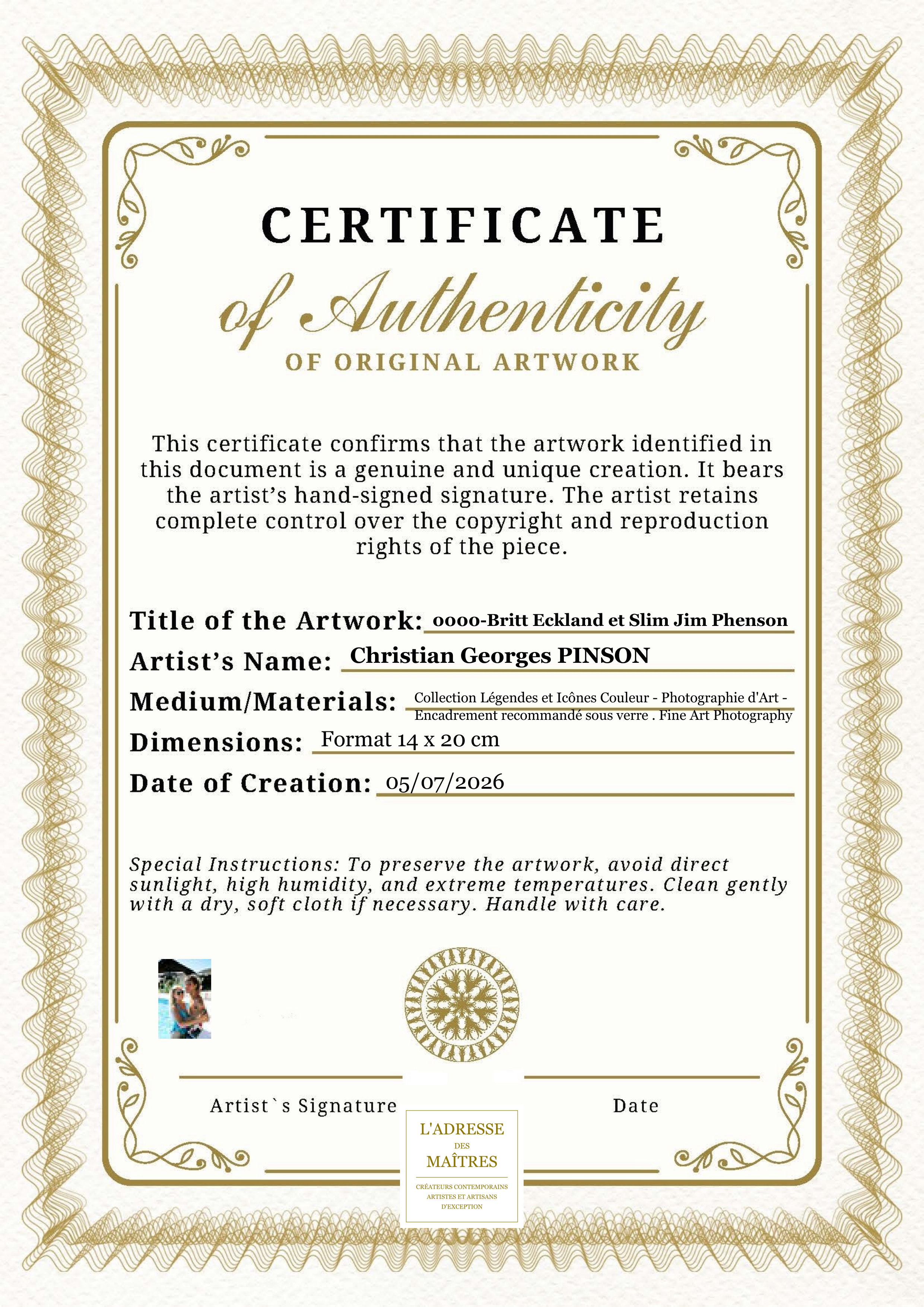 Certificat d'authenticité — 0000-Britt Eckland et Slim Jim Phenson — Christian Georges PINSON