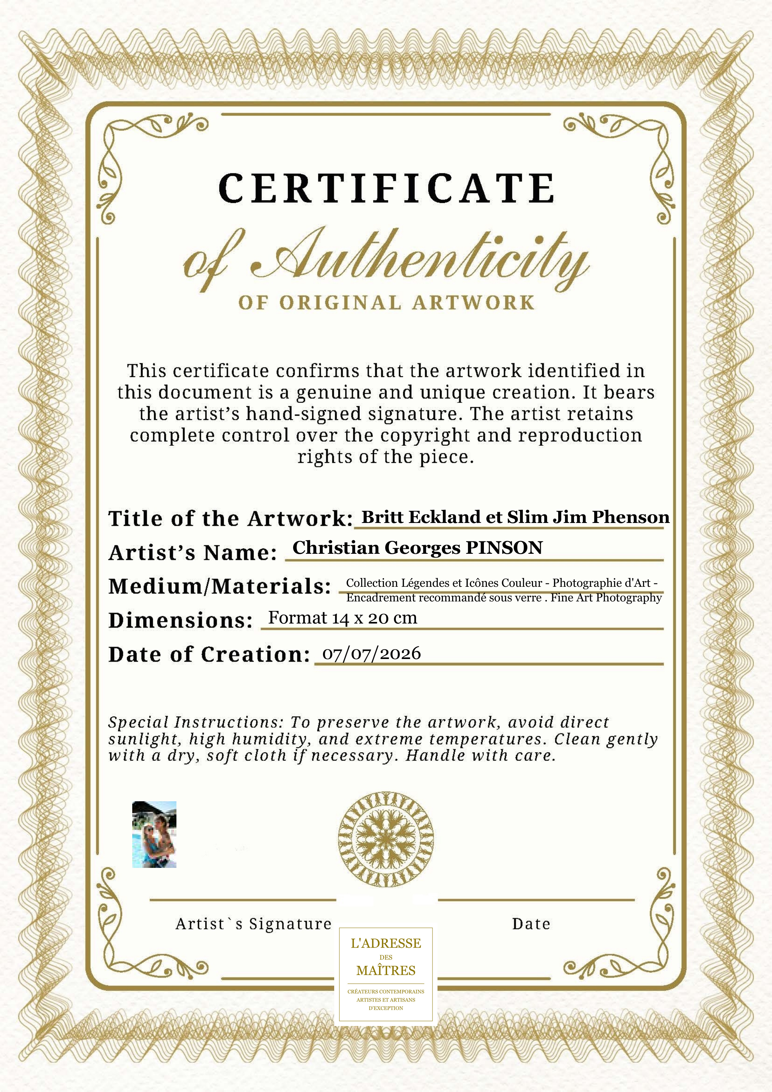 Certificat d'authenticité — Britt Eckland et Slim Jim Phenson — Christian Georges PINSON