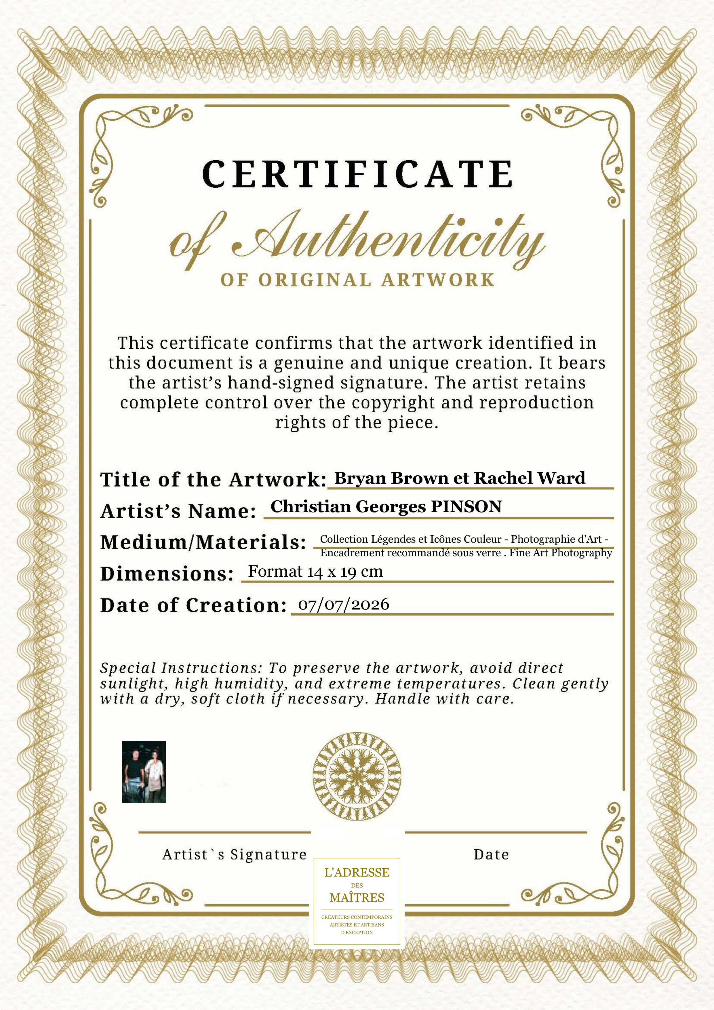 Certificat d'authenticité — Bryan Brown et Rachel Ward — Christian Georges PINSON