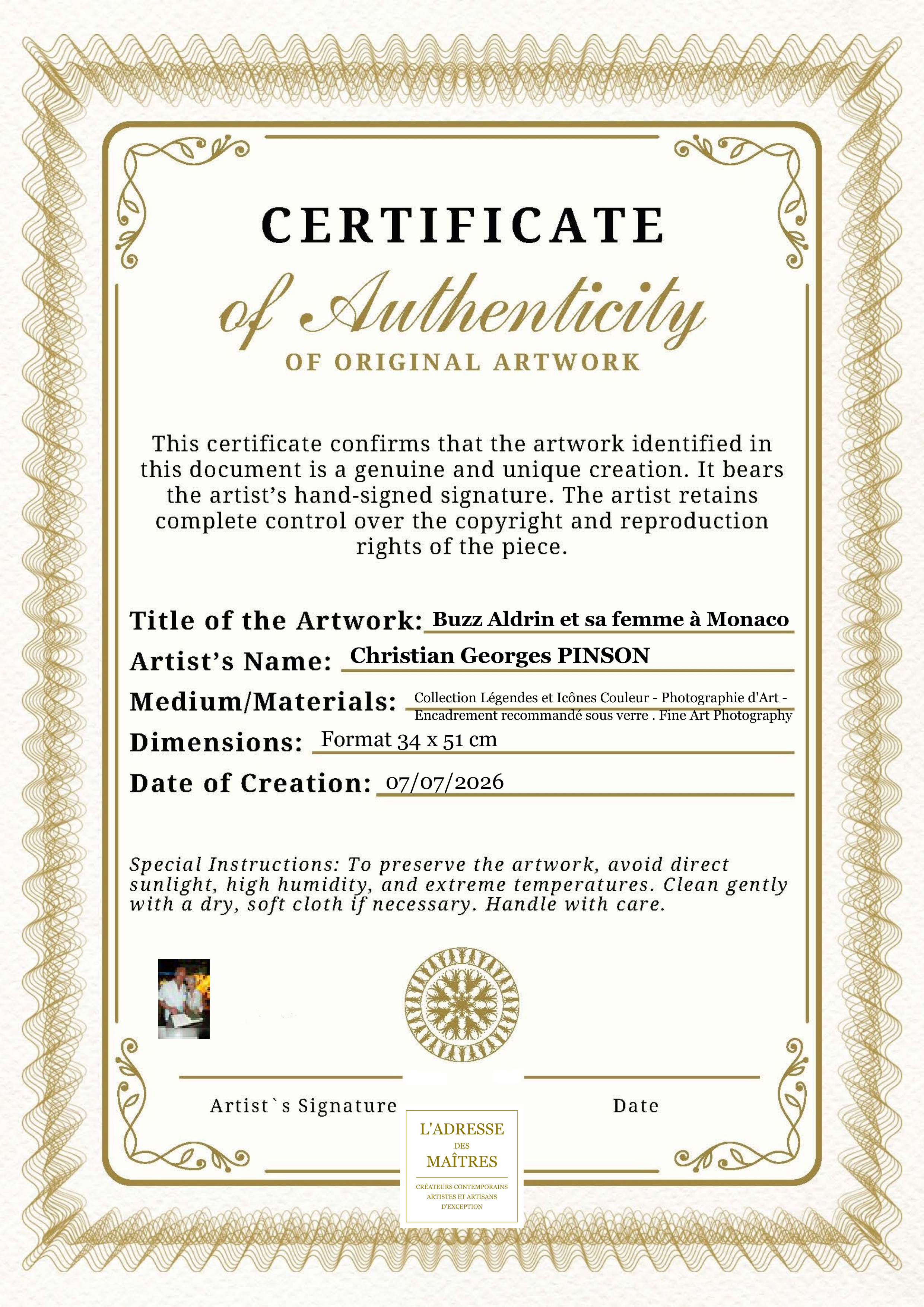 Certificat d'authenticité — Buzz Aldrin et sa femme à Monaco — Christian Georges PINSON