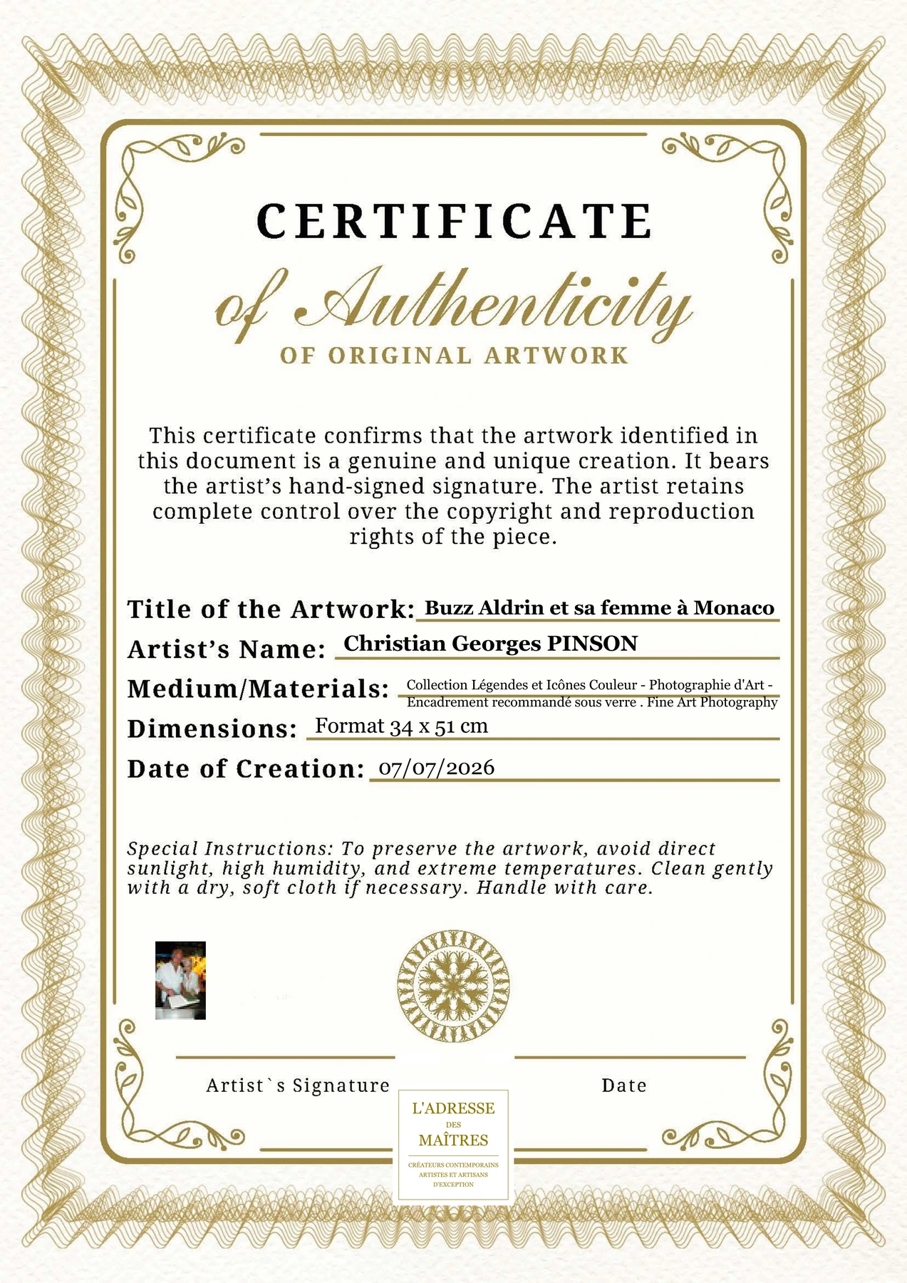 Certificat d'authenticité - Buzz Aldrin et sa femme à Monaco - Christian Georges PINSON