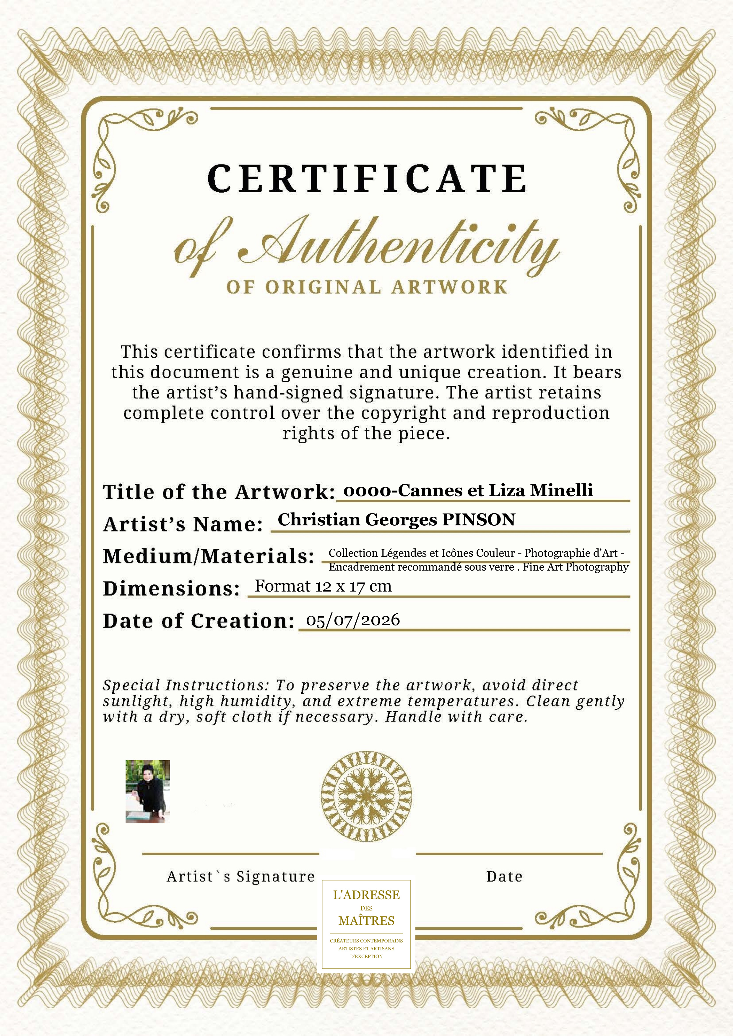 Certificat d'authenticité — 0000-Cannes et Liza Minelli — Christian Georges PINSON