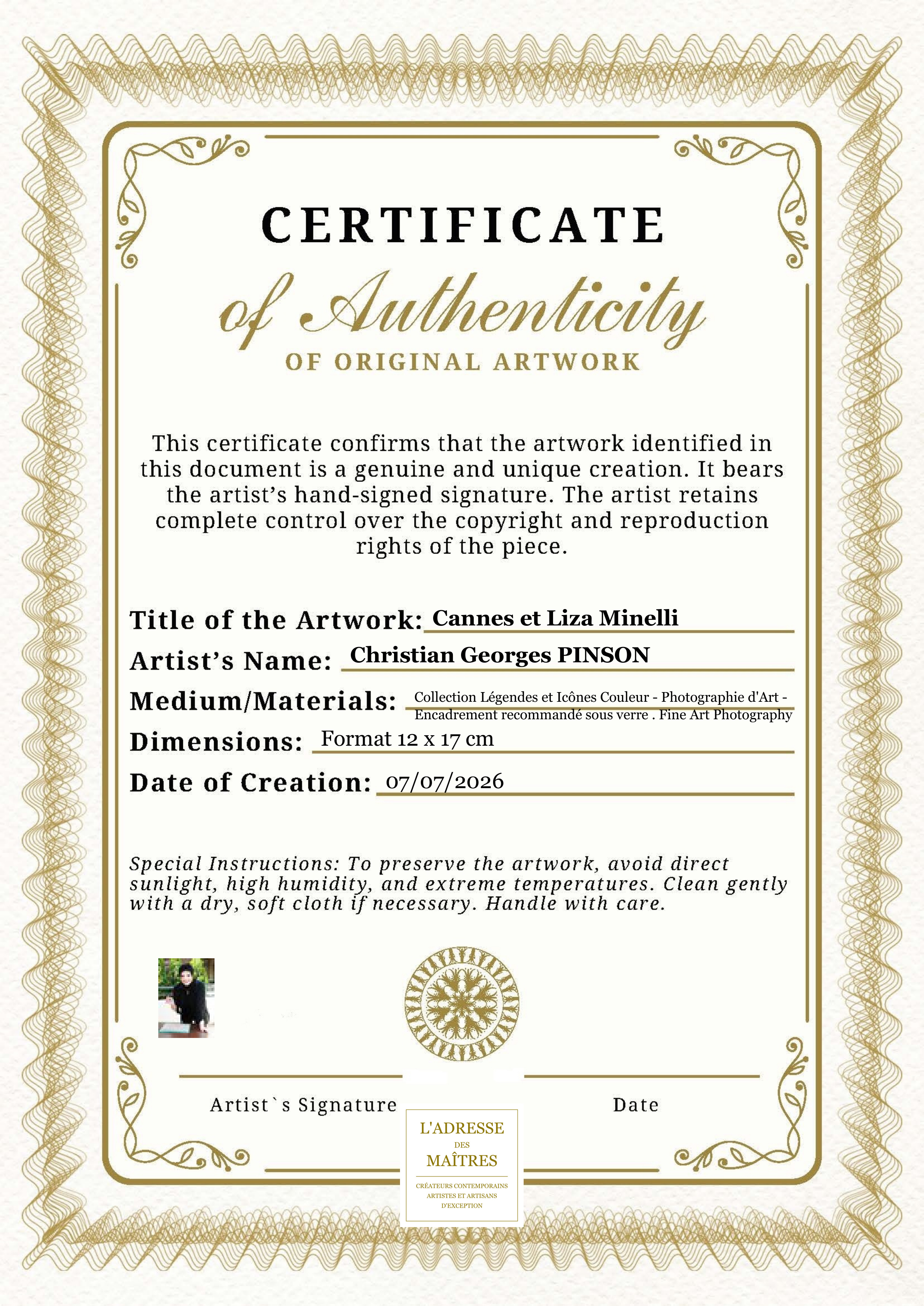 Certificat d'authenticité — Cannes et Liza Minelli — Christian Georges PINSON