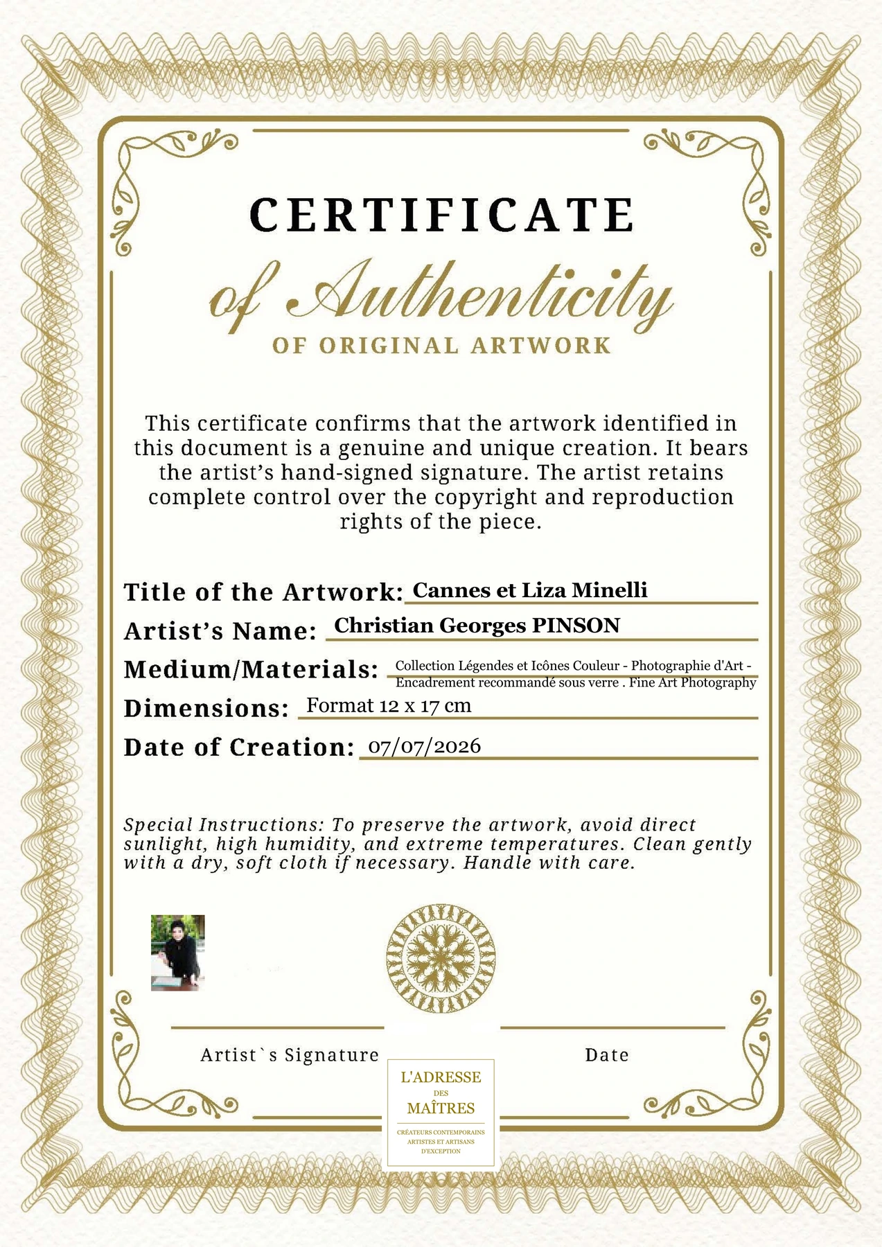 Certificat d'authenticité - Cannes et Liza Minelli - Christian Georges PINSON