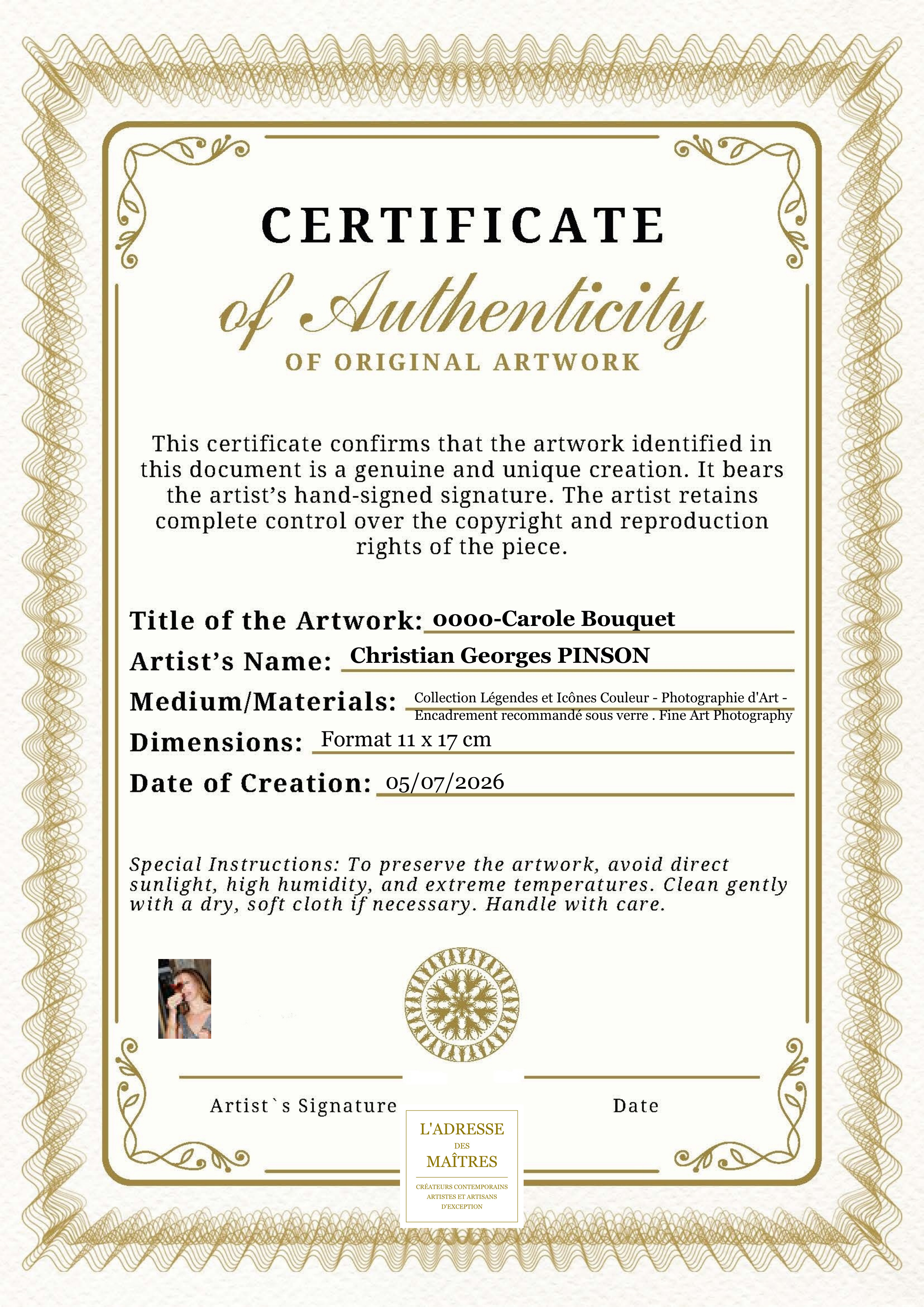 Certificat d'authenticité — 0000-Carole Bouquet — Christian Georges PINSON