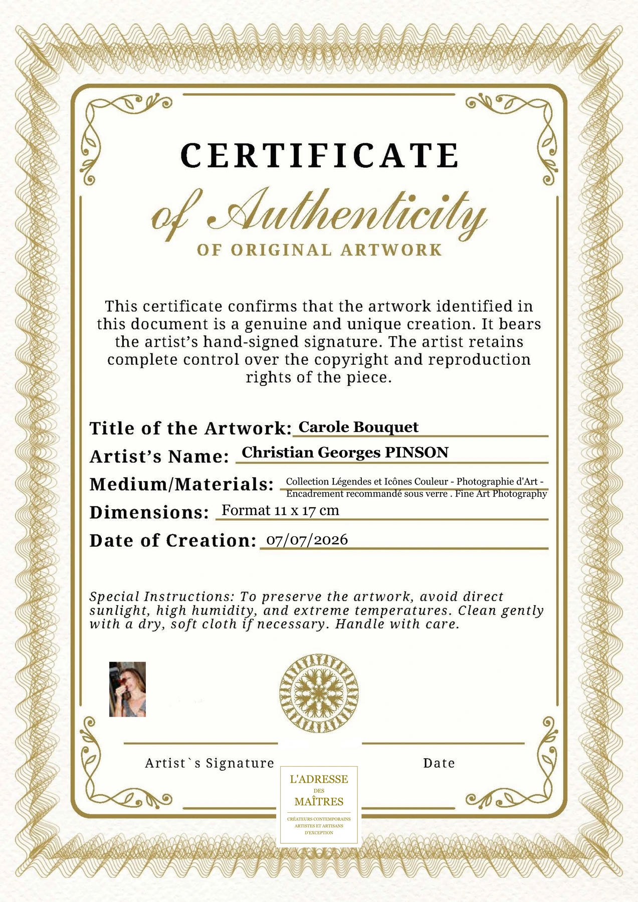 Certificat d'authenticité - Carole Bouquet - Christian Georges PINSON