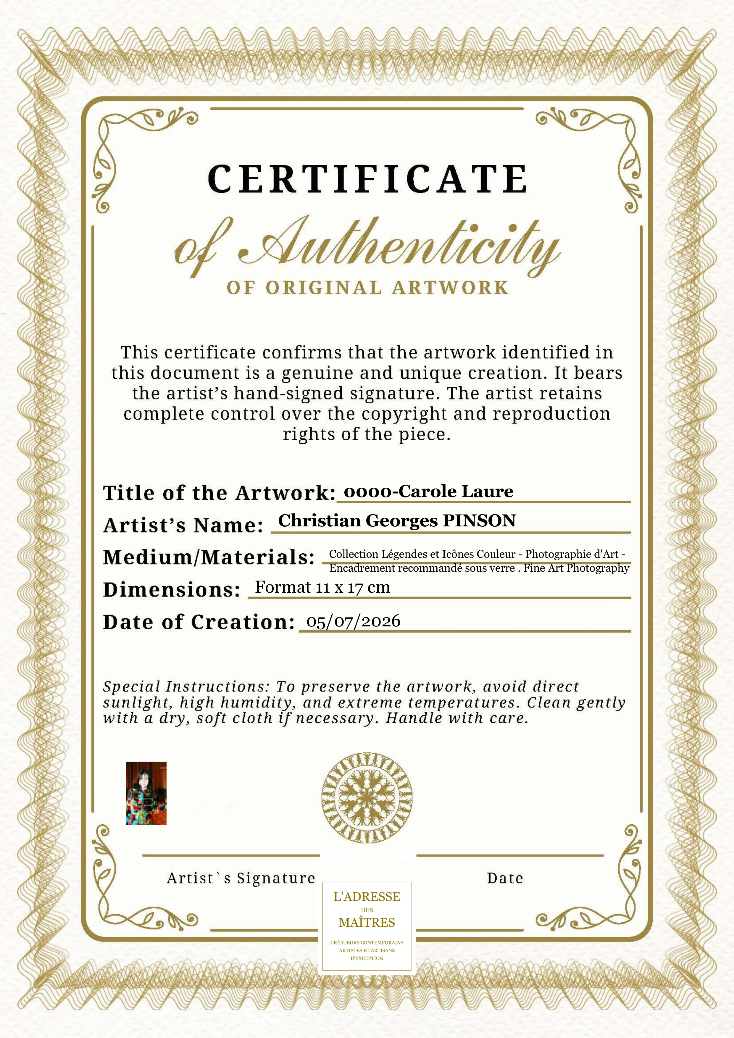Certificat d'authenticité — 0000-Carole Laure — Christian Georges PINSON