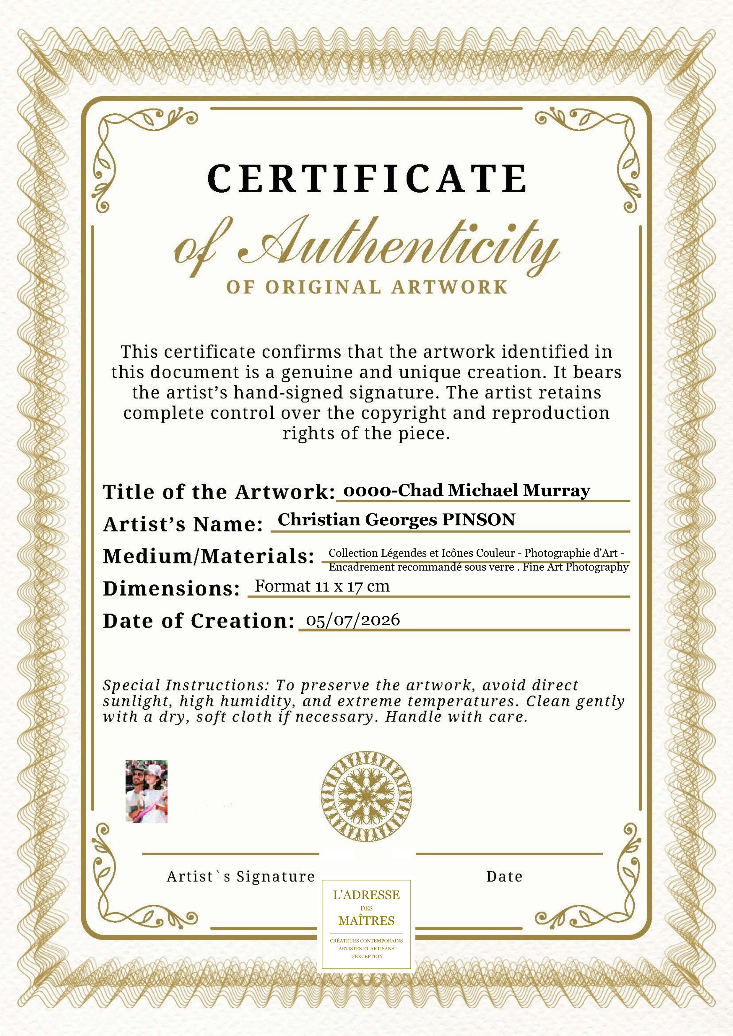 Certificat d'authenticité — 0000-Chad Michael Murray — Christian Georges PINSON