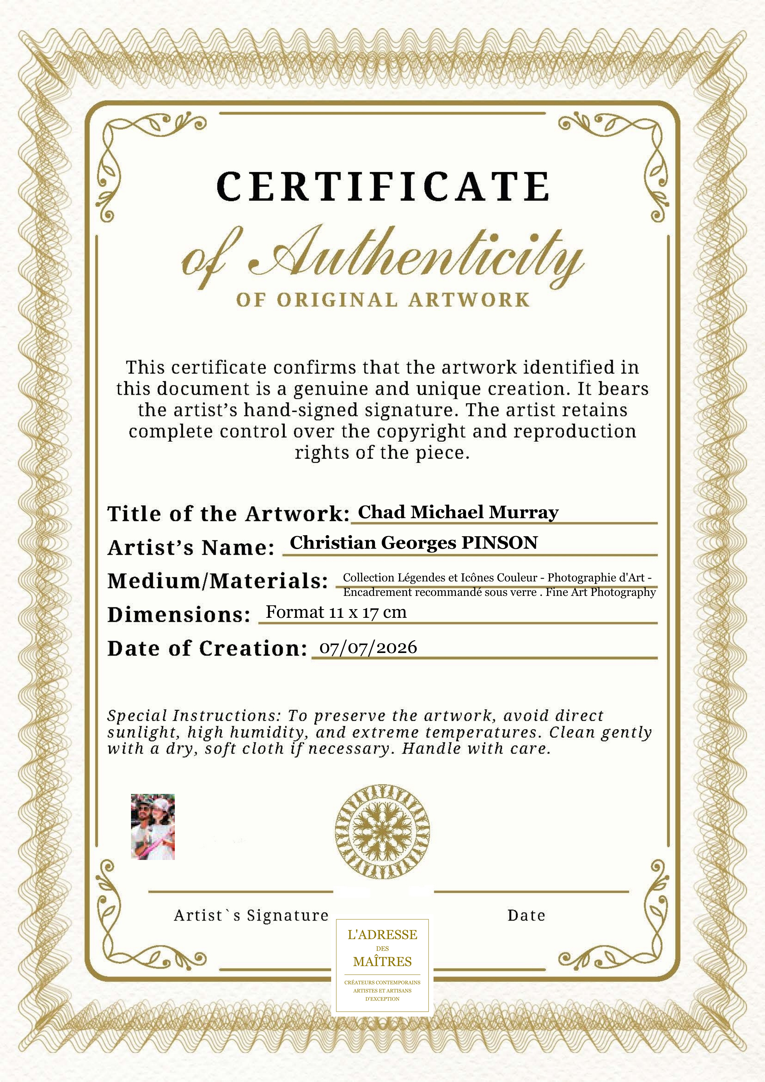 Certificat d'authenticité — Chad Michael Murray — Christian Georges PINSON