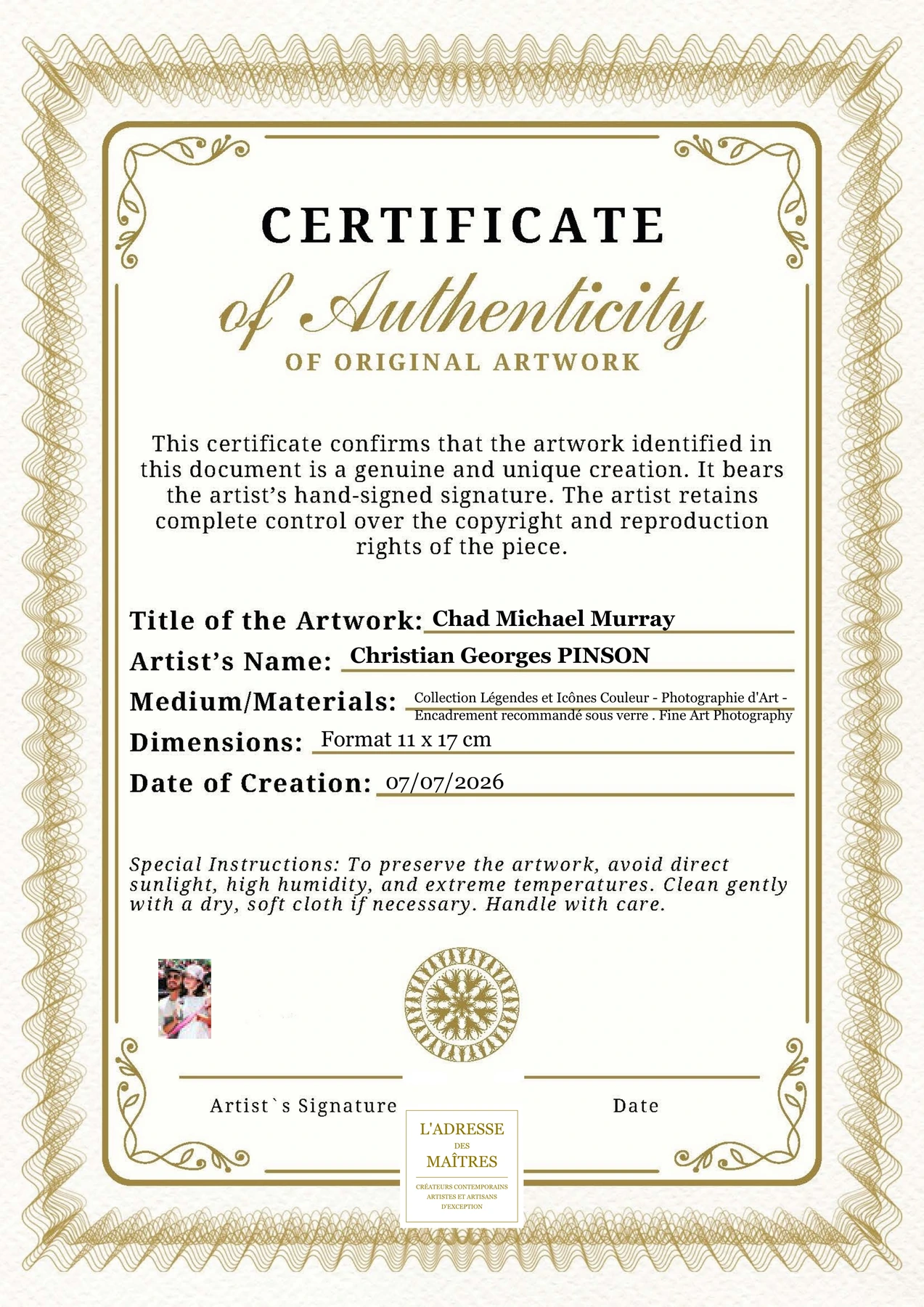Certificat d'authenticité - Chad Michael Murray - Christian Georges PINSON