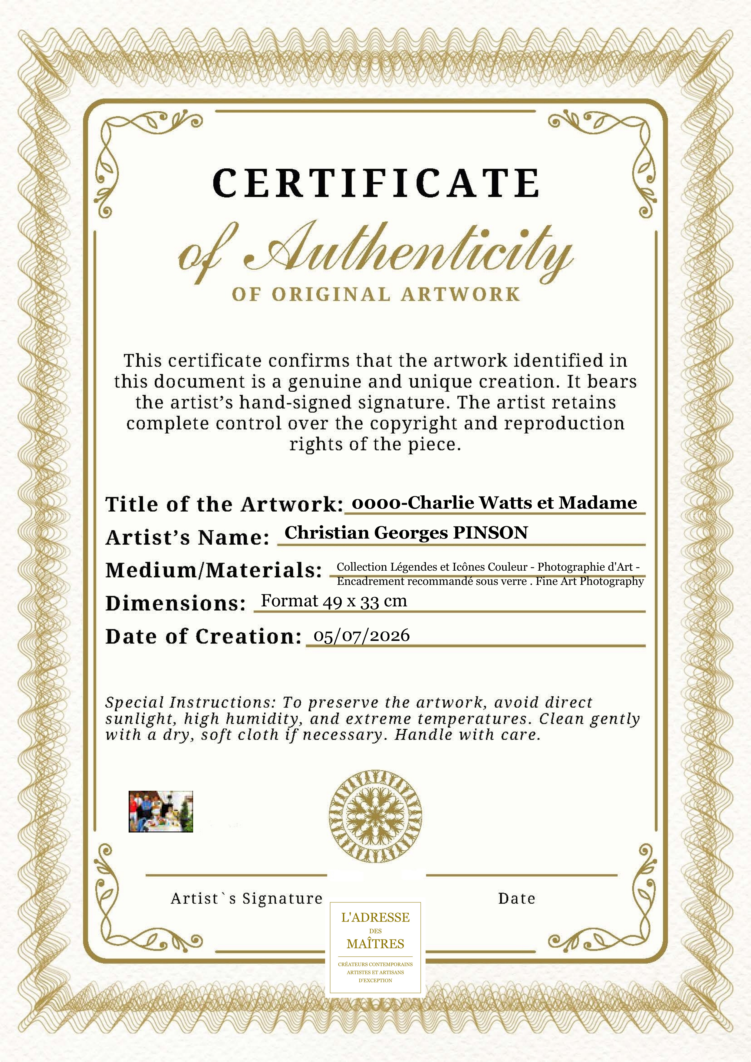 Certificat d'authenticité — 0000-Charlie Watts et Madame — Christian Georges PINSON
