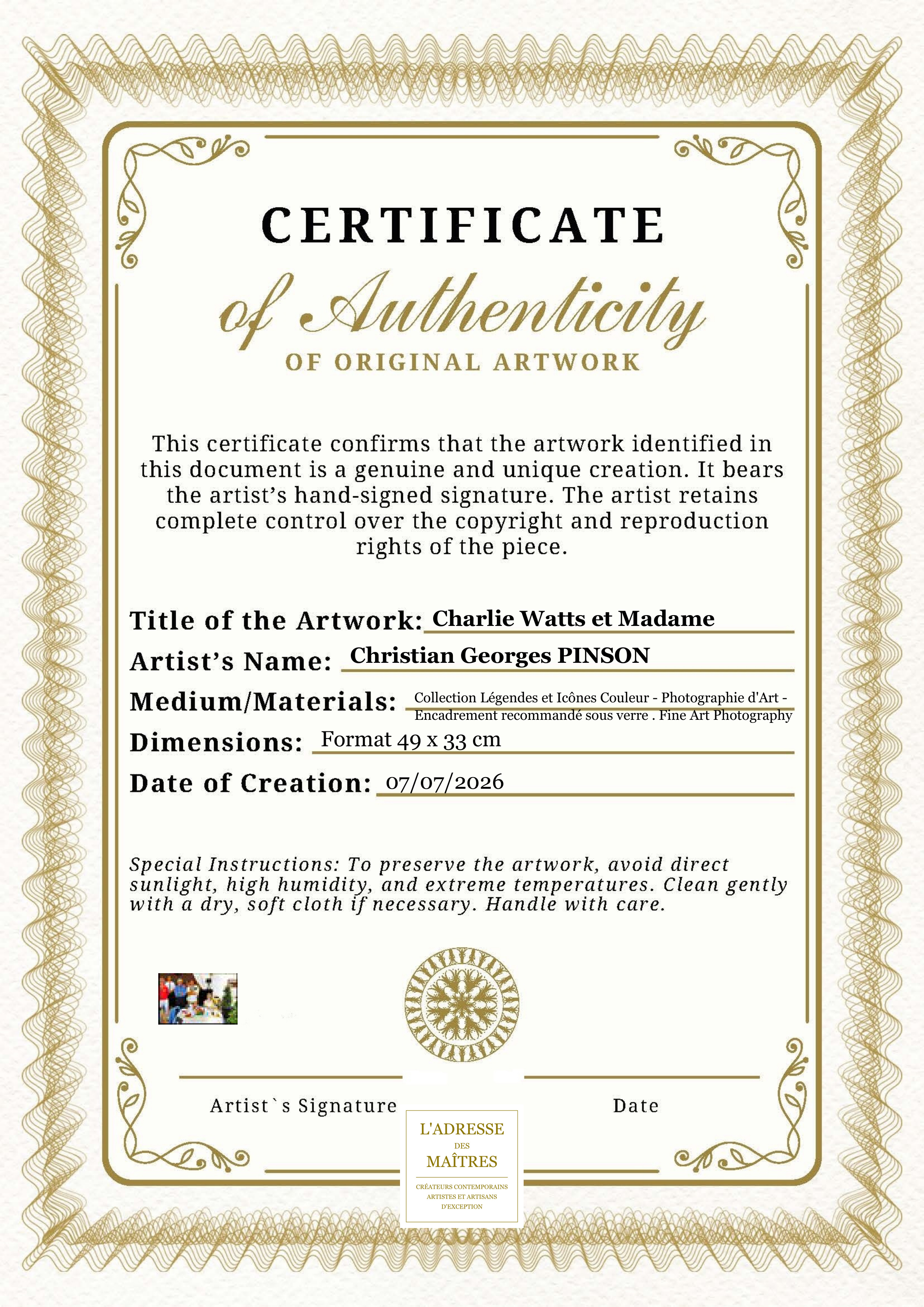Certificat d'authenticité — Charlie Watts et Madame — Christian Georges PINSON