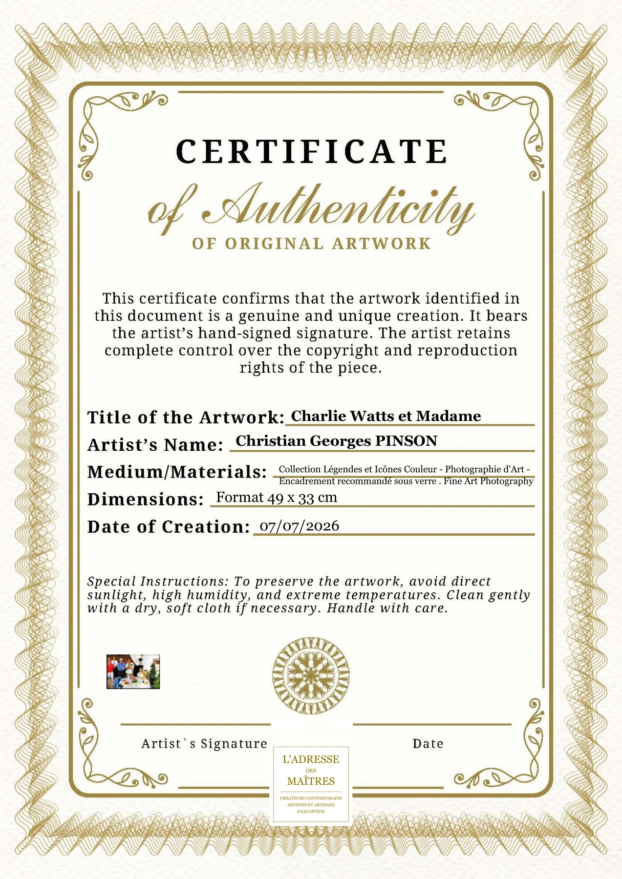 Certificat d'authenticité - Charlie Watts et Madame - Christian Georges PINSON