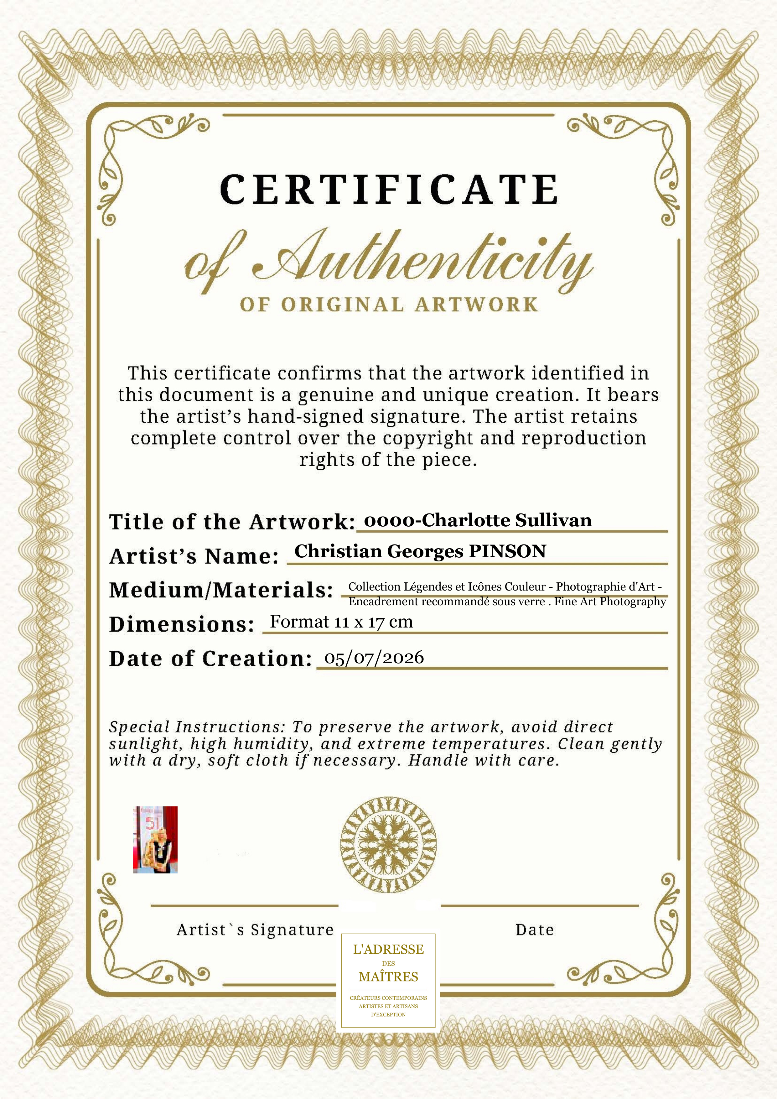 Certificat d'authenticité — 0000-Charlotte Sullivan — Christian Georges PINSON