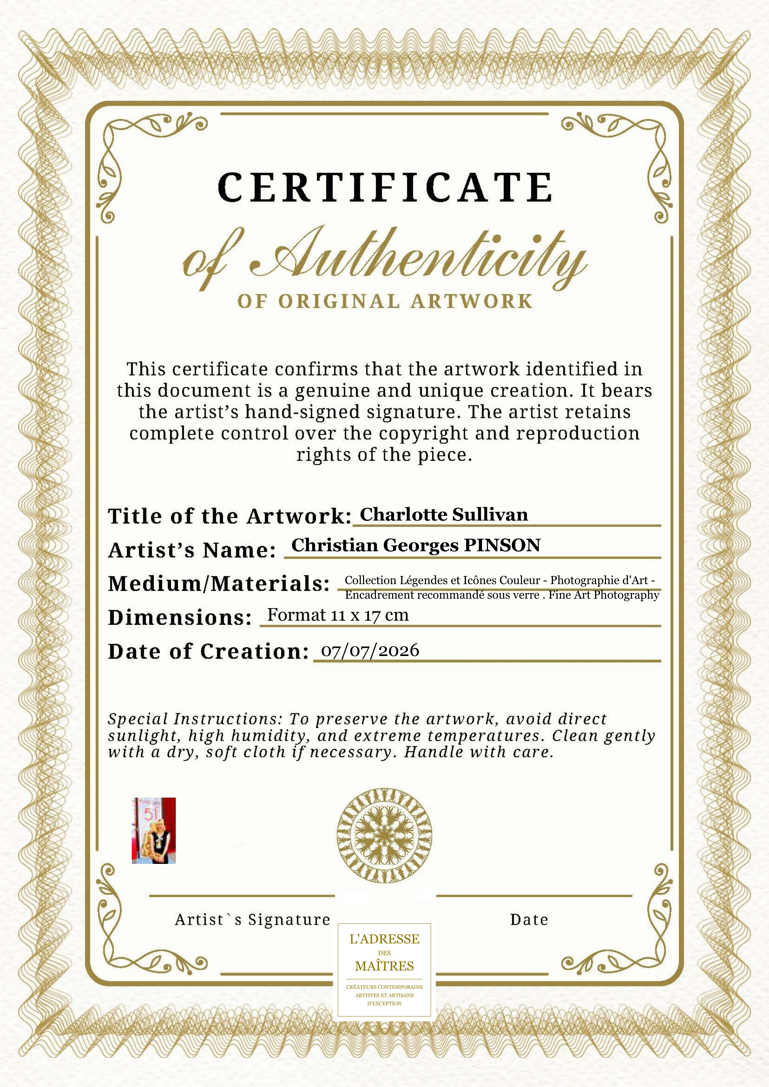 Certificat d'authenticité — Charlotte Sullivan — Christian Georges PINSON
