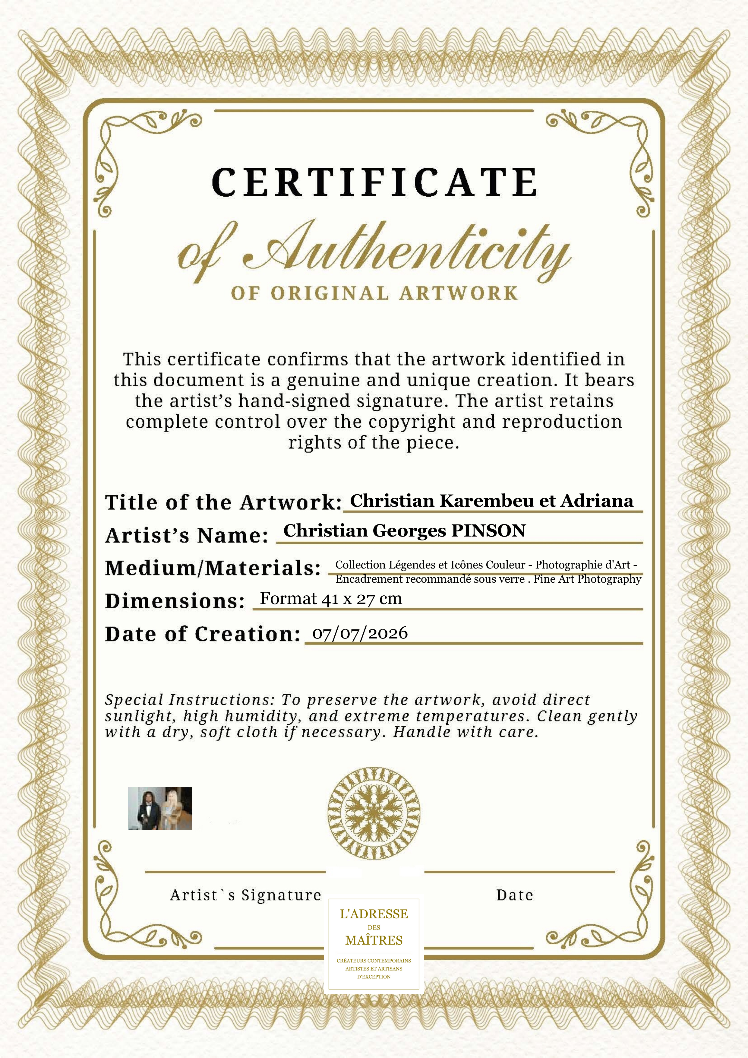 Certificat d'authenticité — Christian Karembeu et Adriana — Christian Georges PINSON
