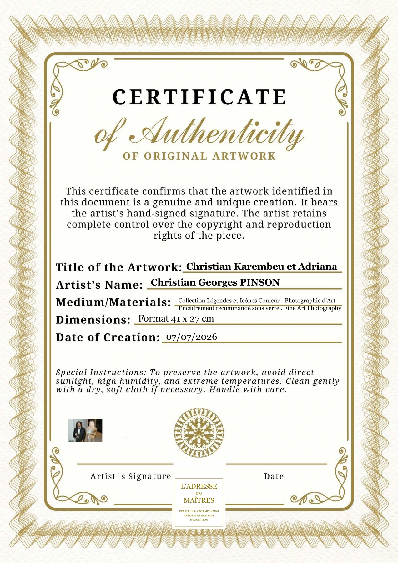 Certificat d'authenticité - Christian Karembeu et Adriana - Christian Georges PINSON