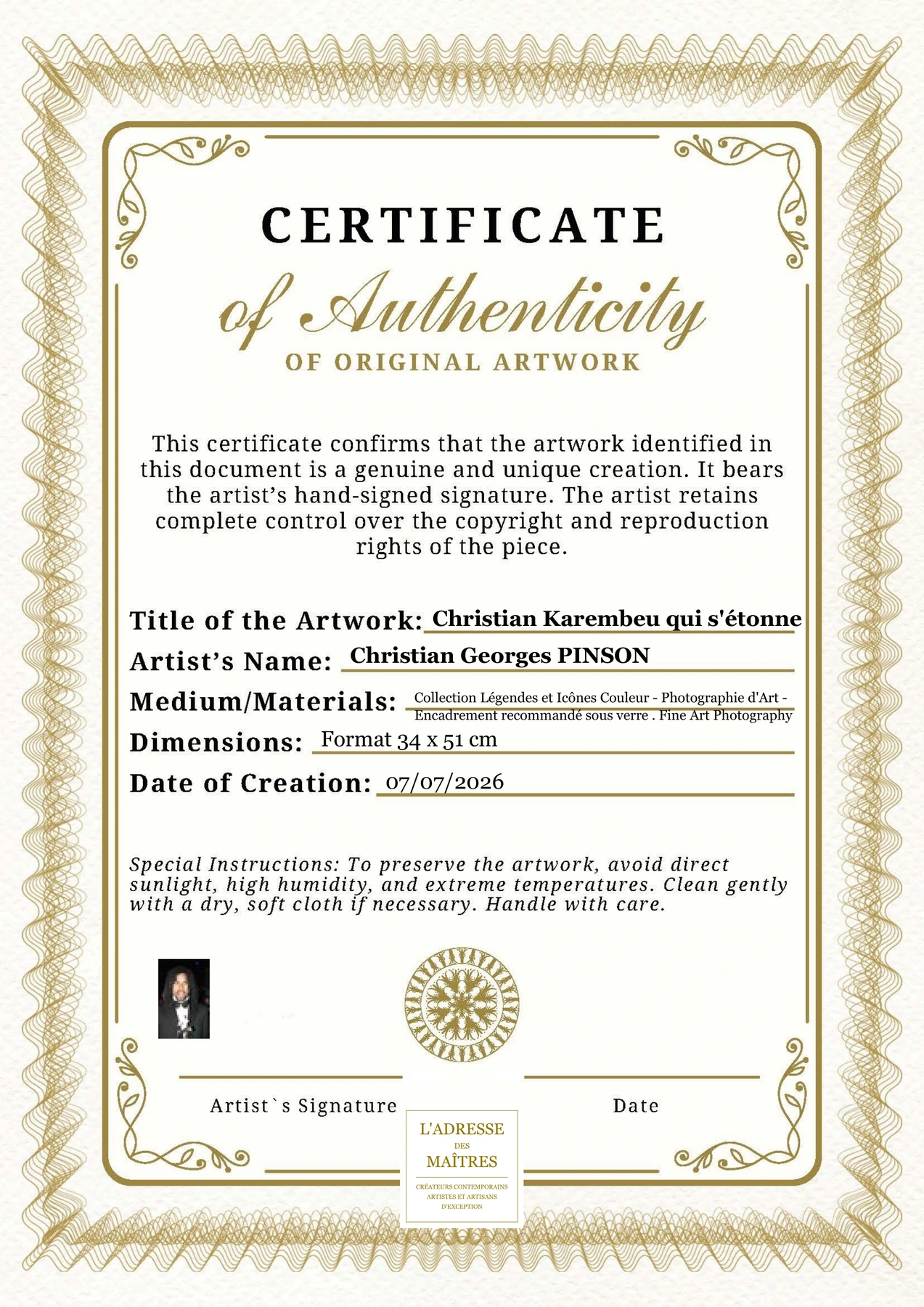 Certificat d'authenticité - Christian Karembeu qui s'étonne - Christian Georges PINSON
