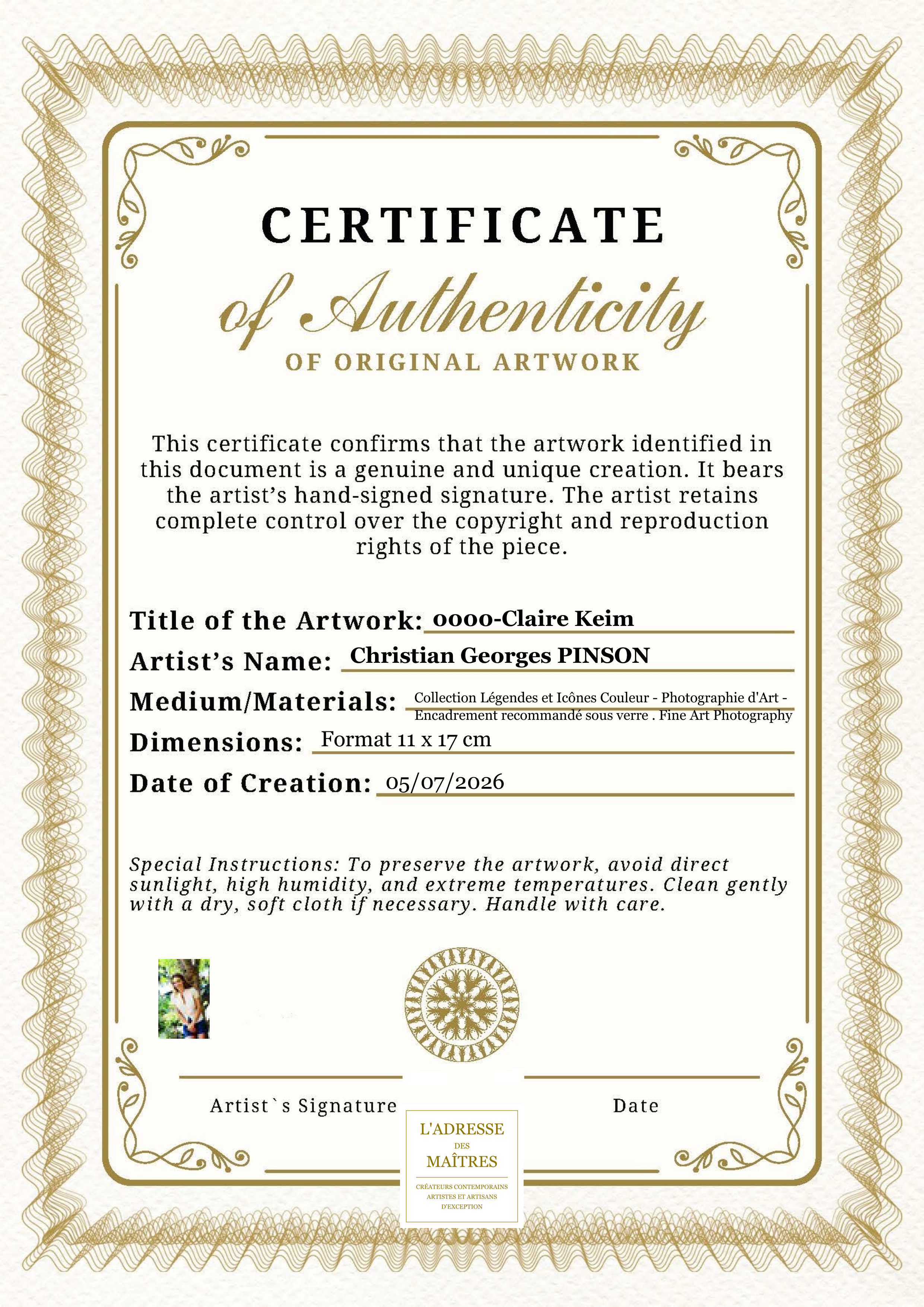 Certificat d'authenticité — 0000-Claire Keim — Christian Georges PINSON
