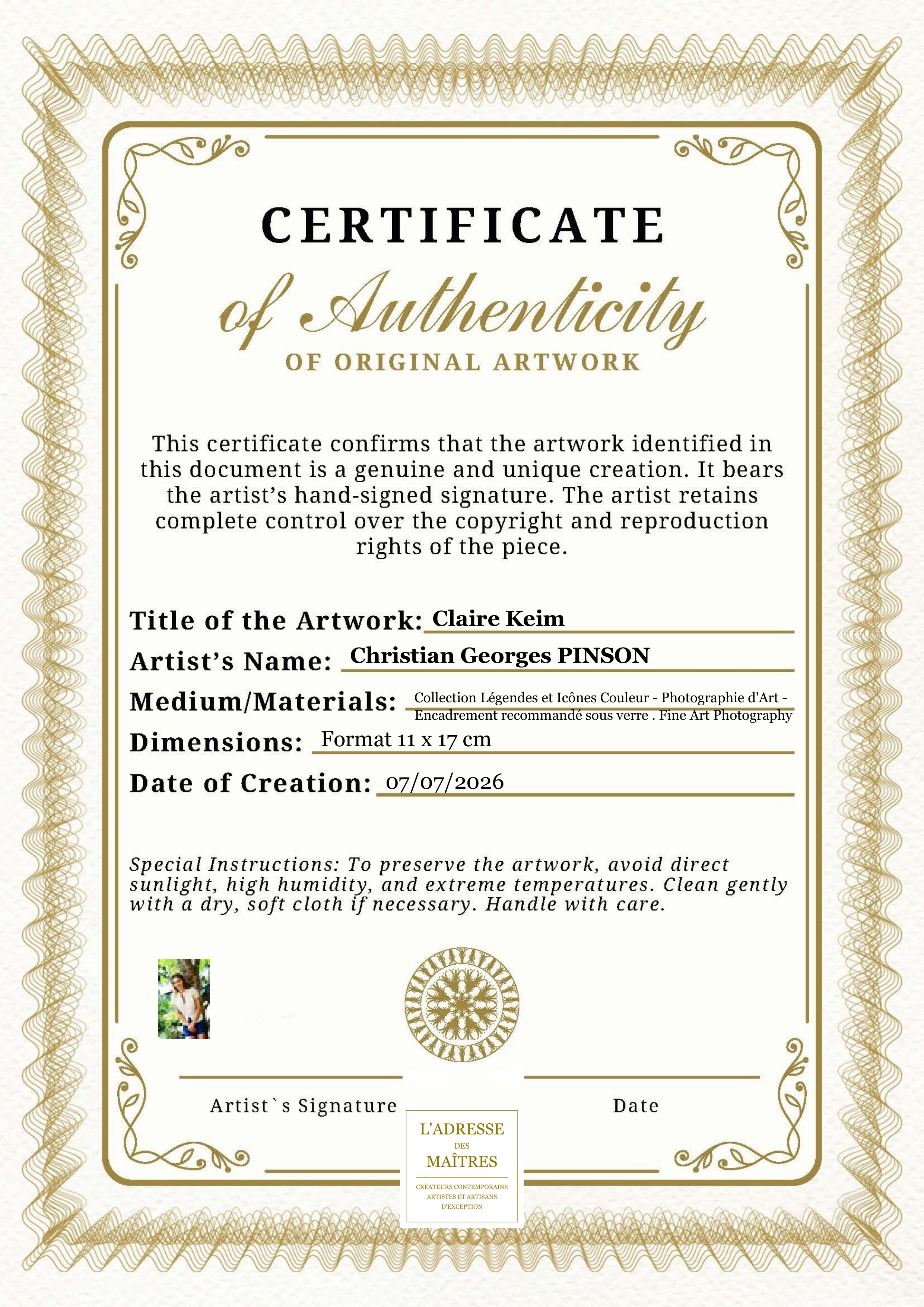 Certificat d'authenticité — Claire Keim — Christian Georges PINSON