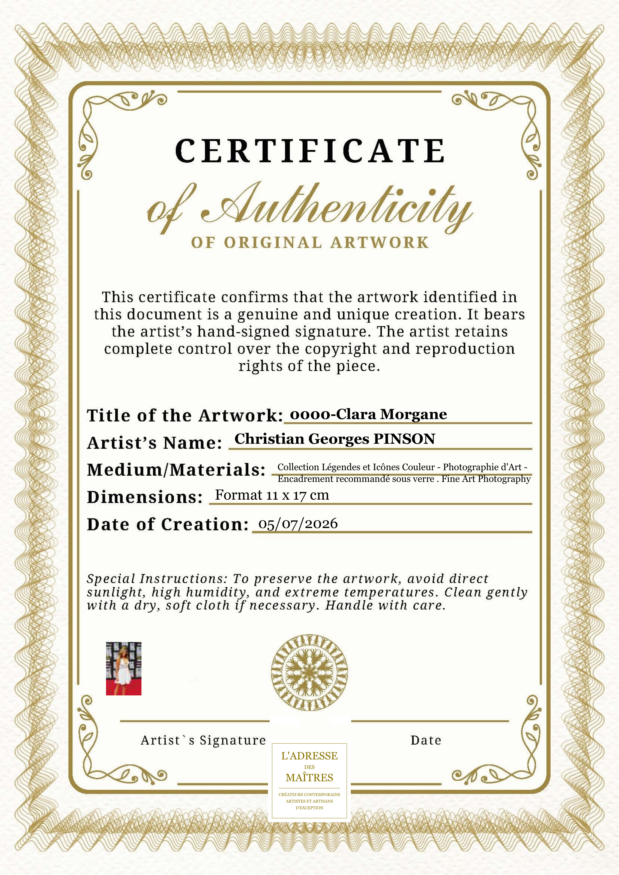 Certificat d'authenticité — 0000-Clara Morgane — Christian Georges PINSON