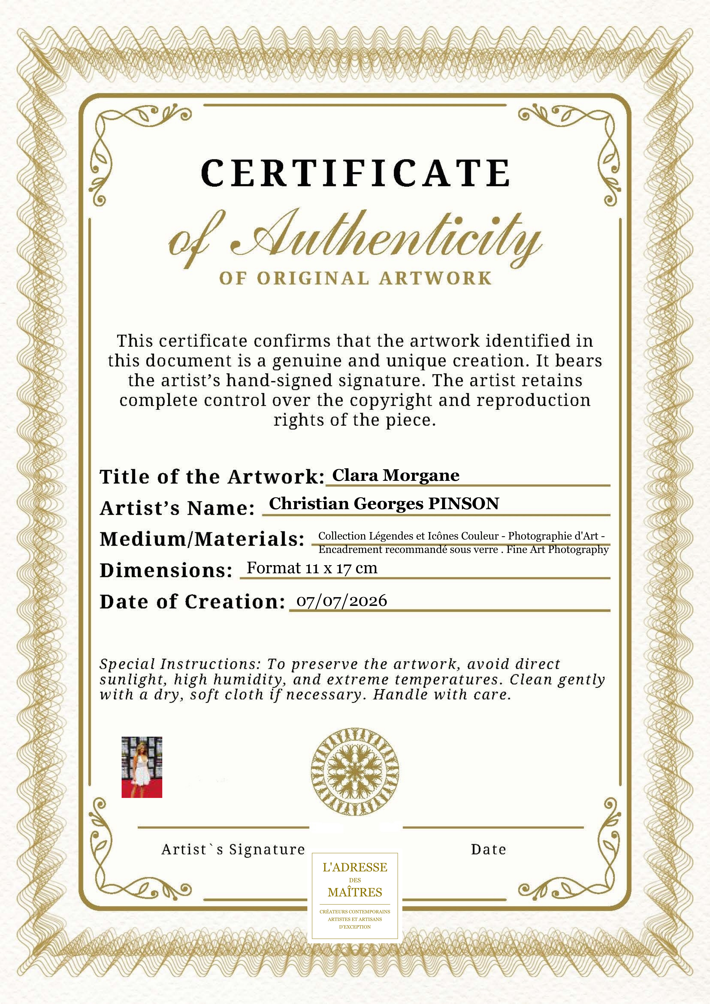 Certificat d'authenticité — Clara Morgane — Christian Georges PINSON