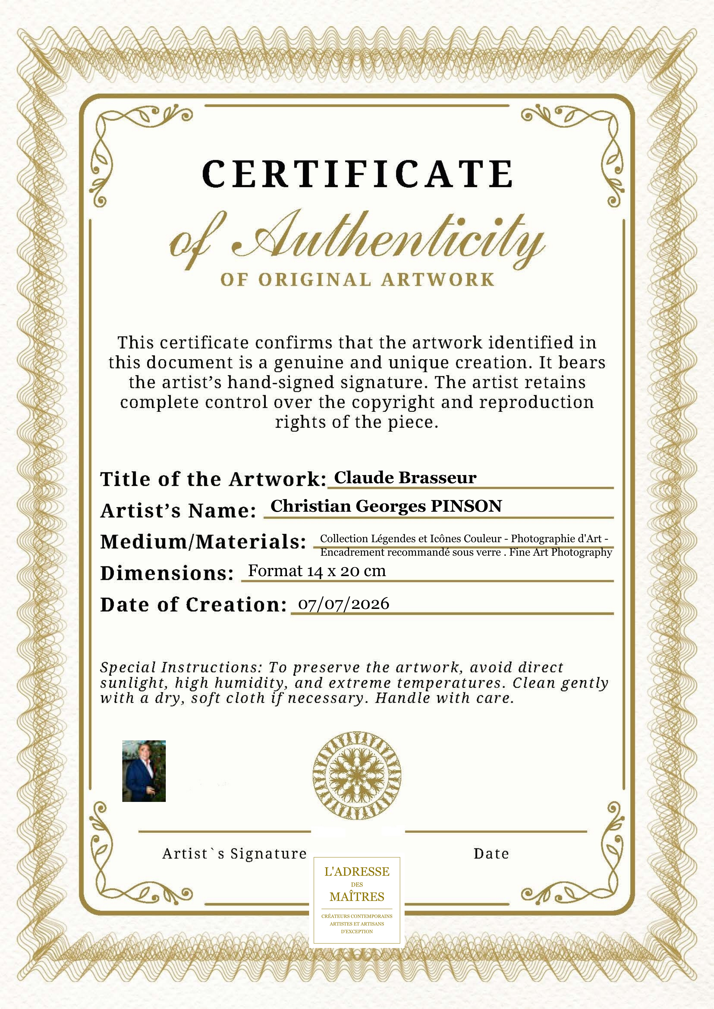 Certificat d'authenticité — Claude Brasseur — Christian Georges PINSON