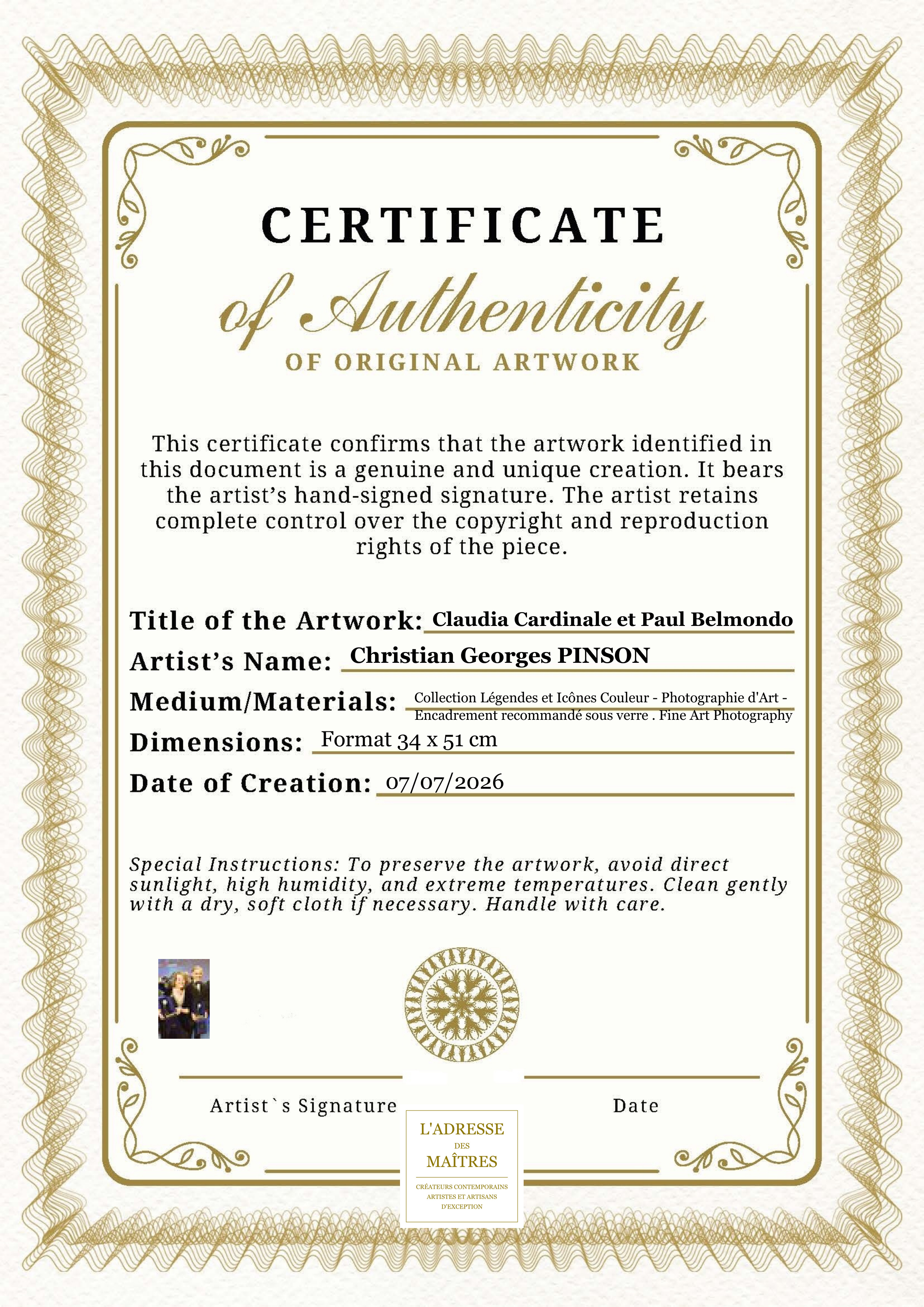 Certificat d'authenticité — Claudia Cardinale et Paul Belmondo — Christian Georges PINSON