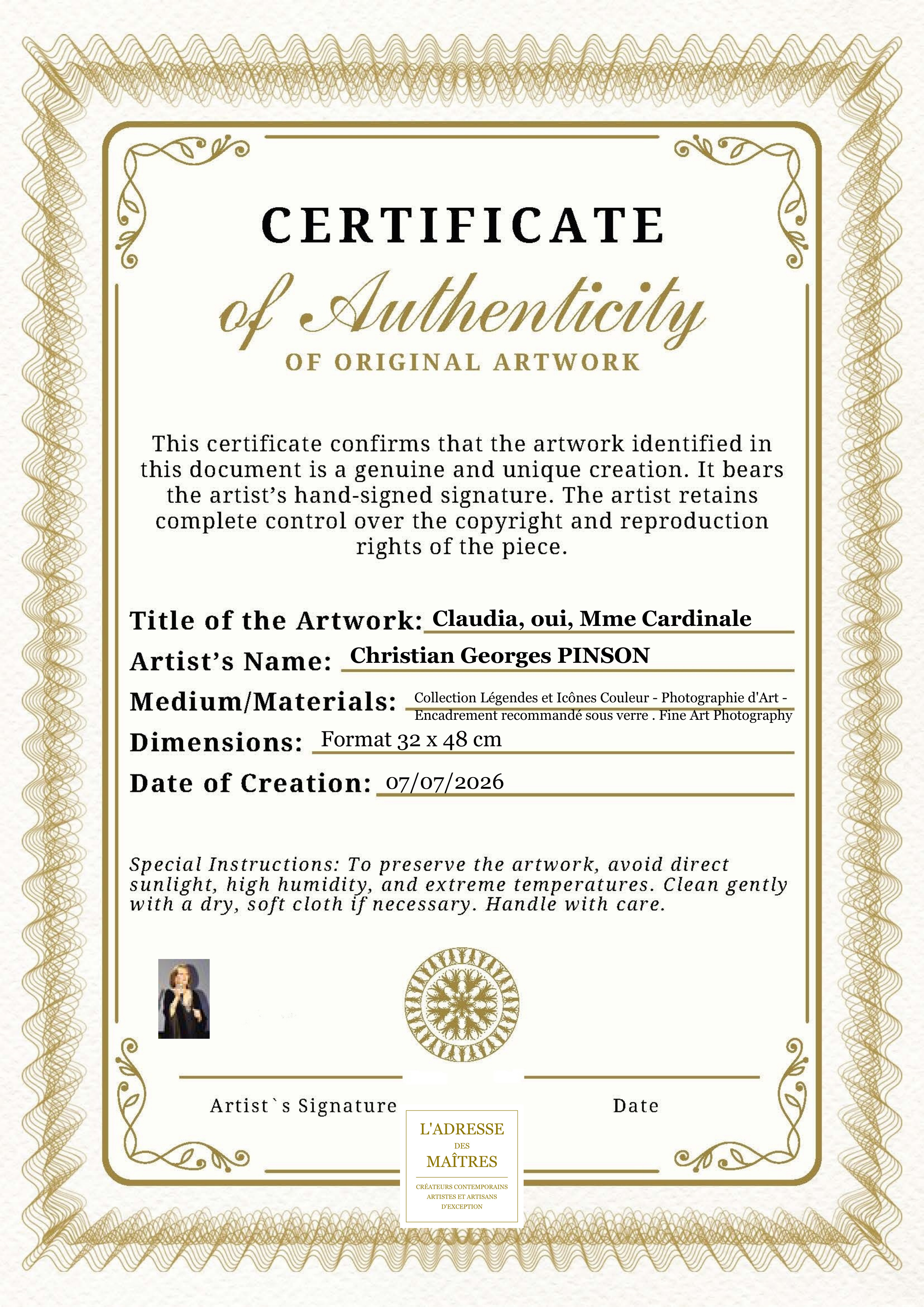 Certificat d'authenticité — Claudia, oui, Mme Cardinale — Christian Georges PINSON