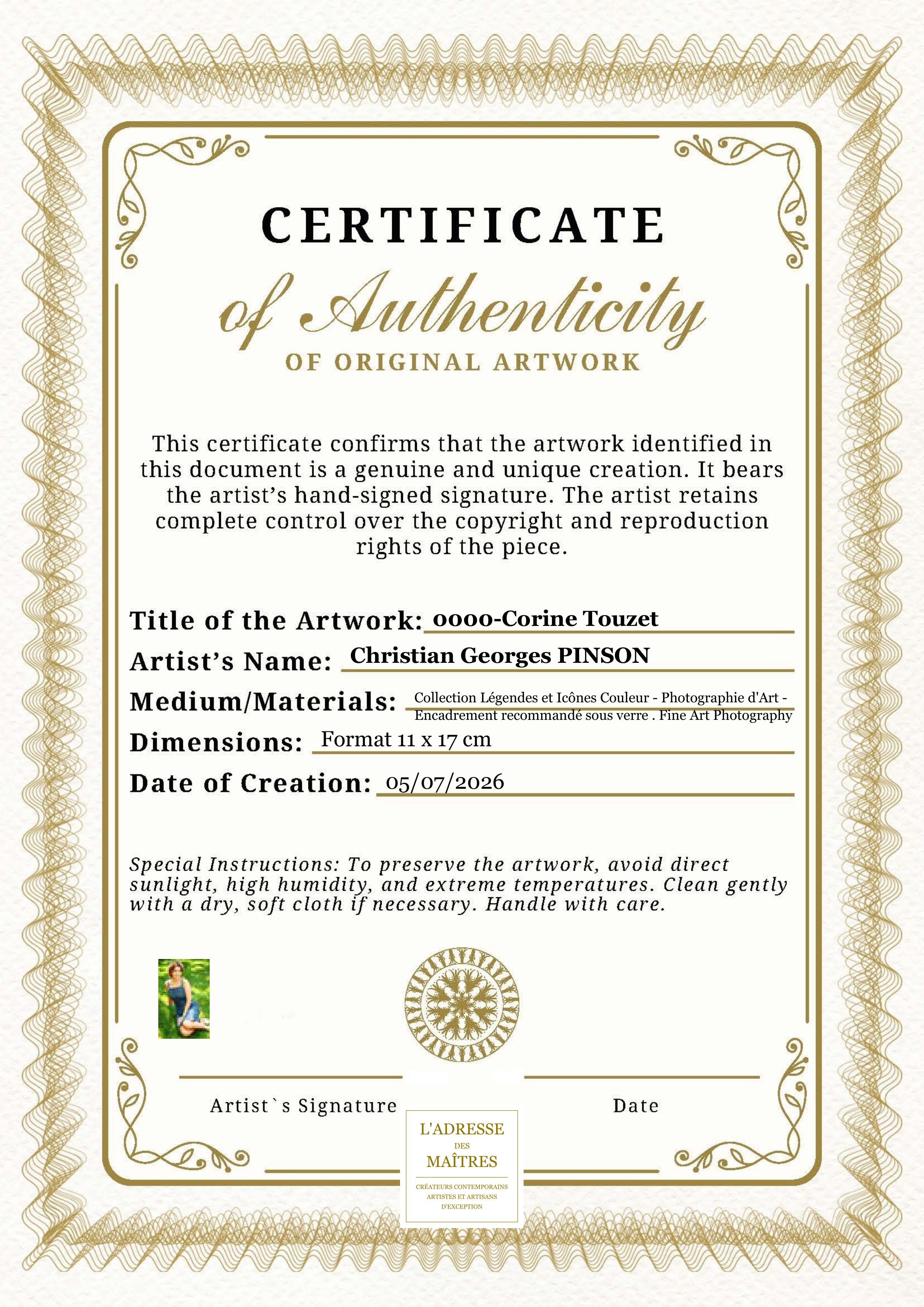 Certificat d'authenticité — 0000-Corine Touzet — Christian Georges PINSON