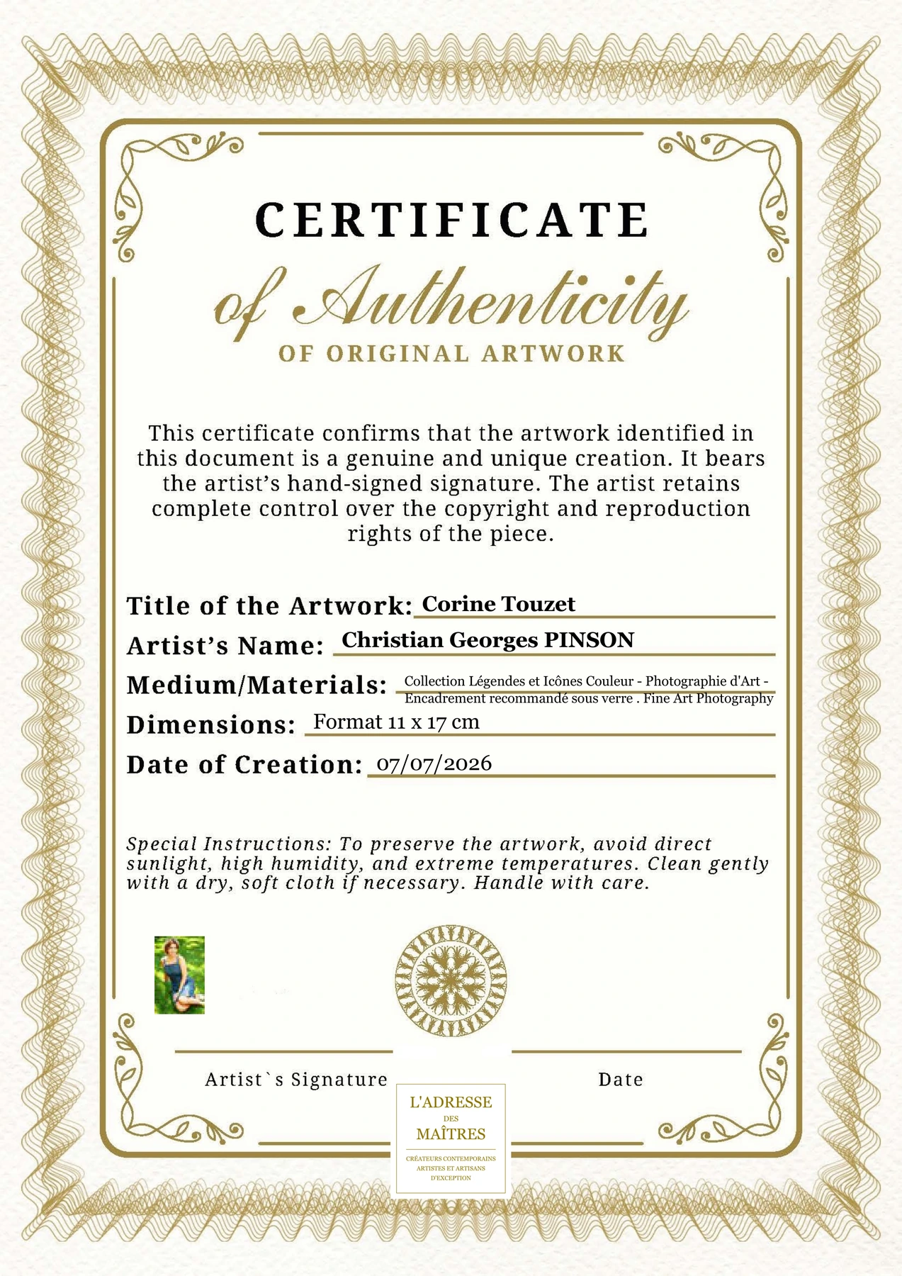 Certificat d'authenticité - Corine Touzet - Christian Georges PINSON