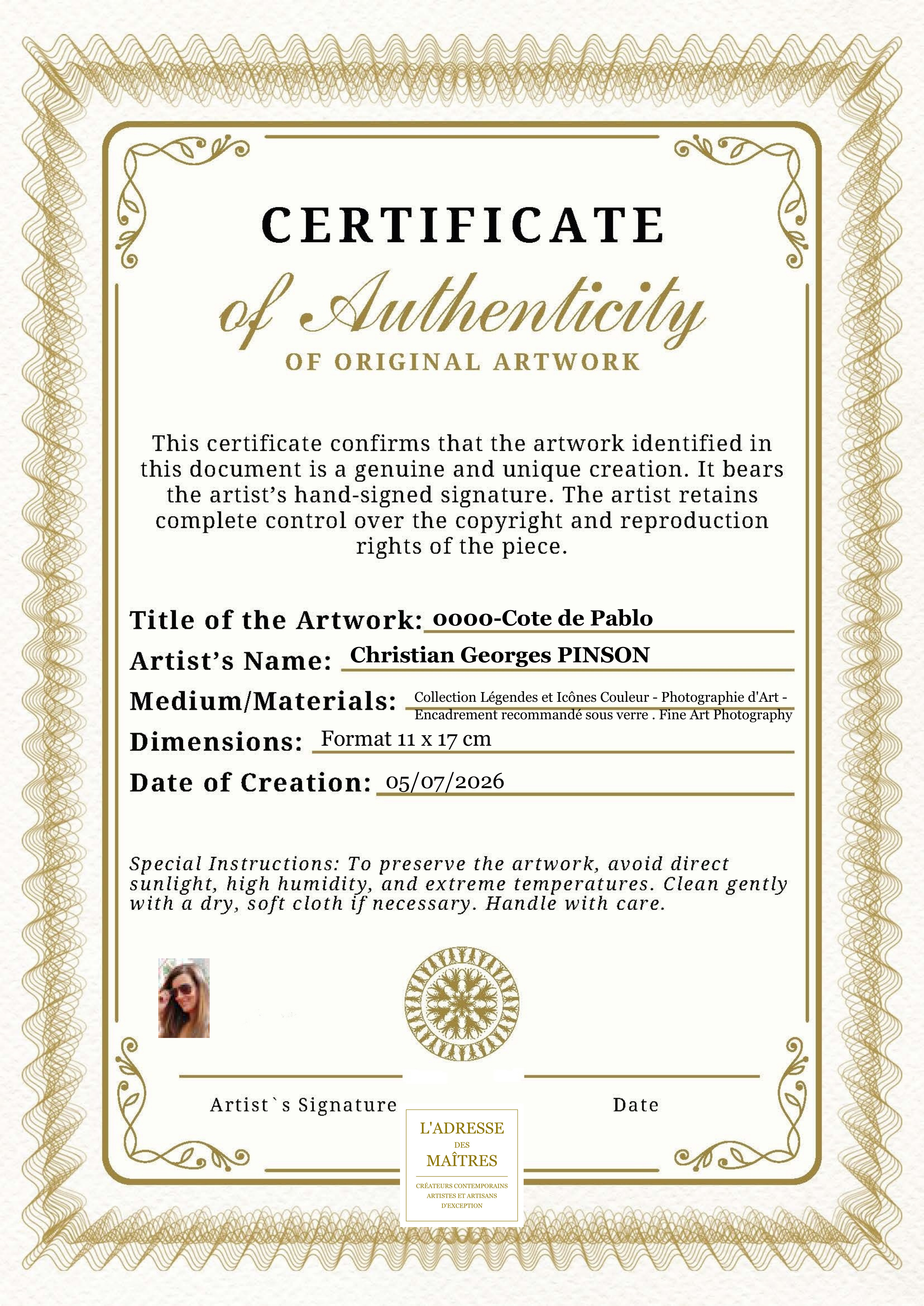 Certificat d'authenticité — 0000-Cote de Pablo — Christian Georges PINSON