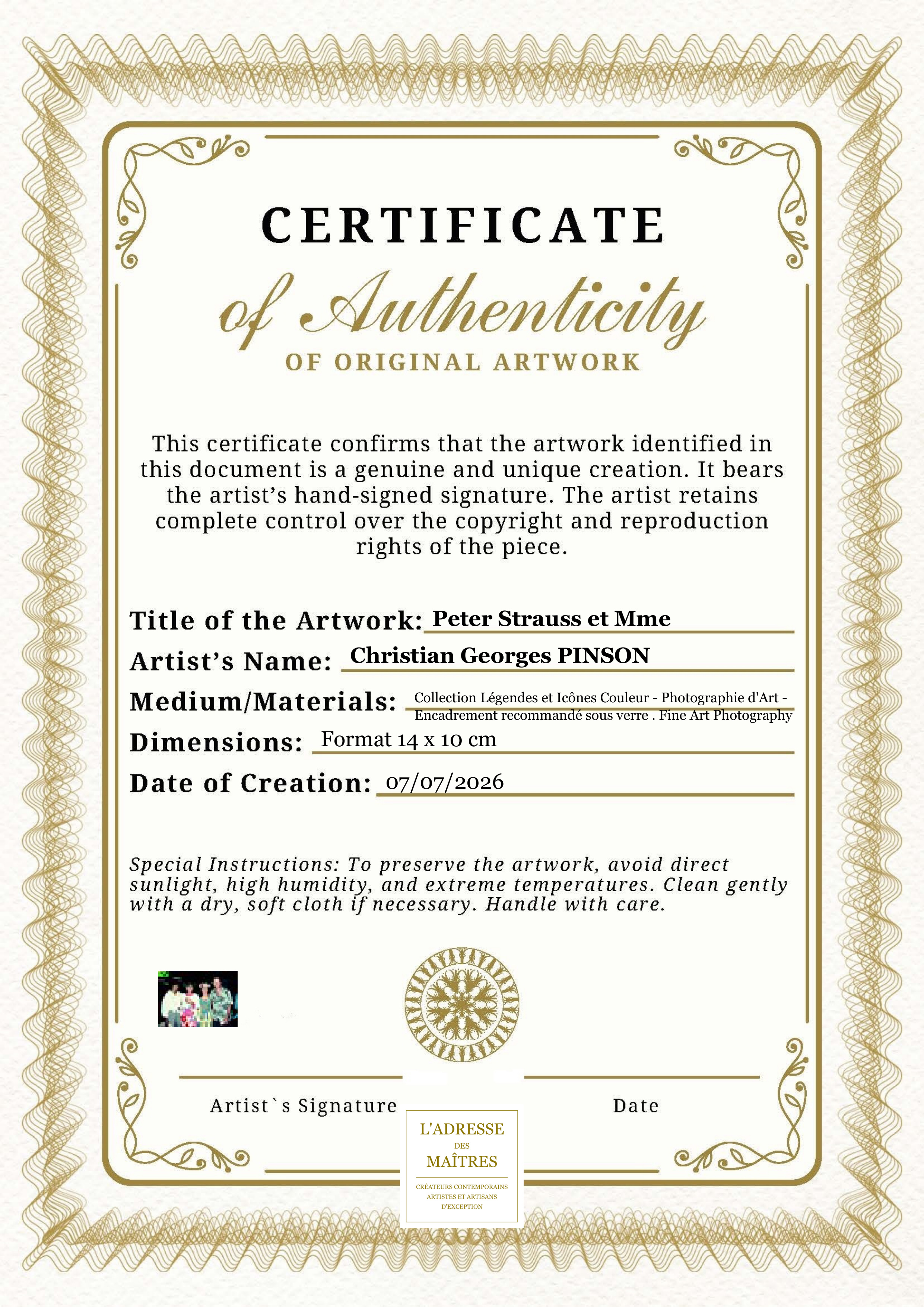 Certificat d'authenticité — Peter Strauss et Mme — Christian Georges PINSON