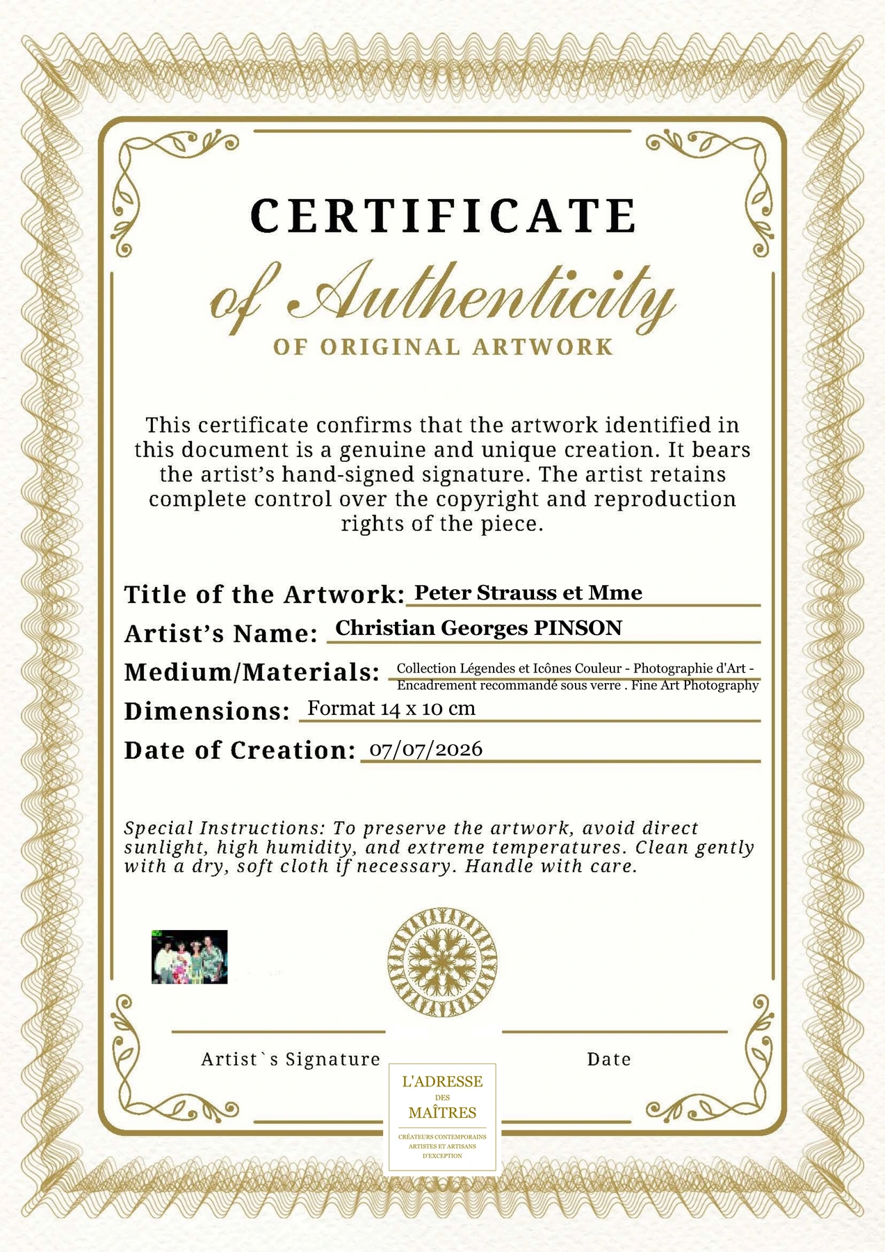 Certificat d'authenticité - Peter Strauss et Mme - Christian Georges PINSON