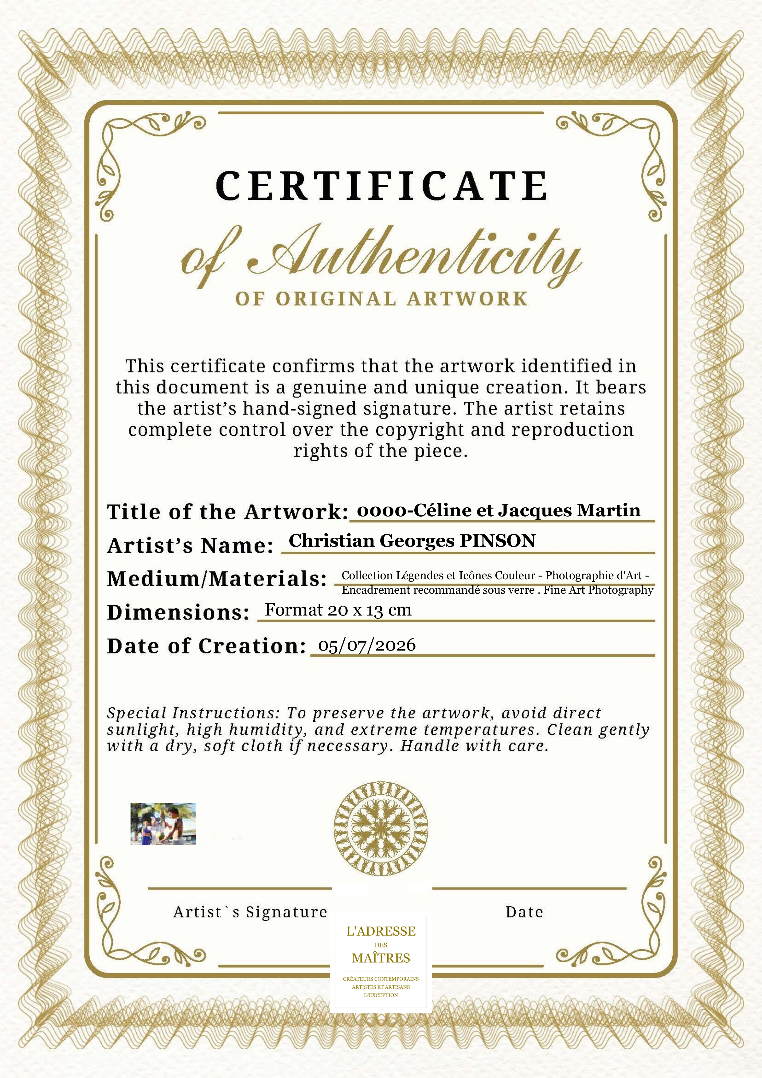Certificat d'authenticité — 0000-Céline et Jacques Martin — Christian Georges PINSON
