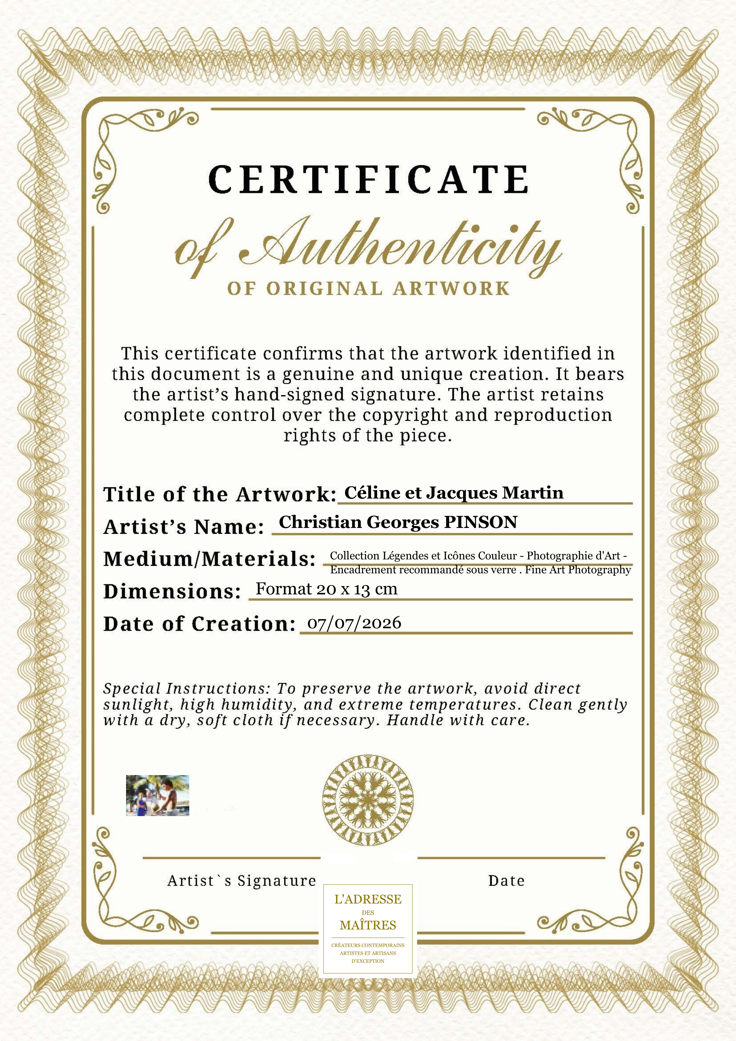 Certificat d'authenticité — Céline et Jacques Martin — Christian Georges PINSON