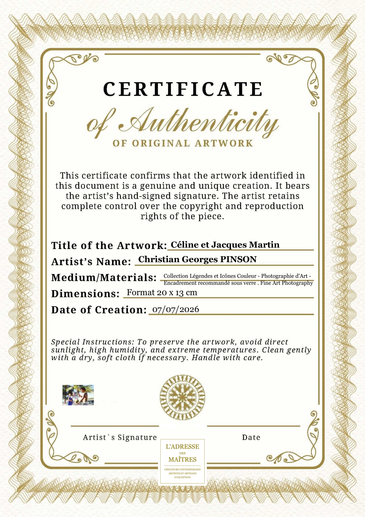 Certificat d'authenticité - Céline et Jacques Martin - Christian Georges PINSON