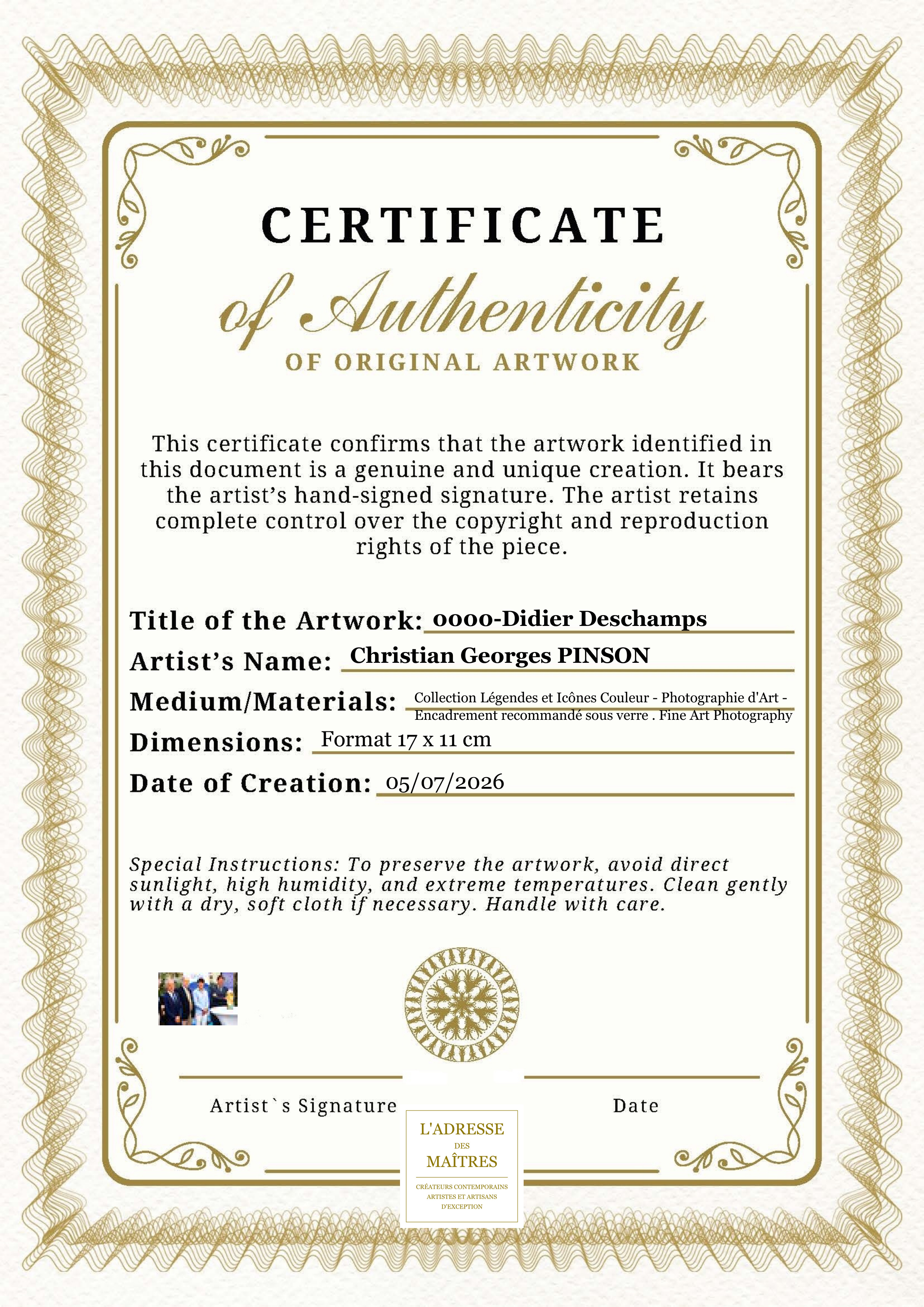 Certificat d'authenticité — 0000-Didier Deschamps — Christian Georges PINSON