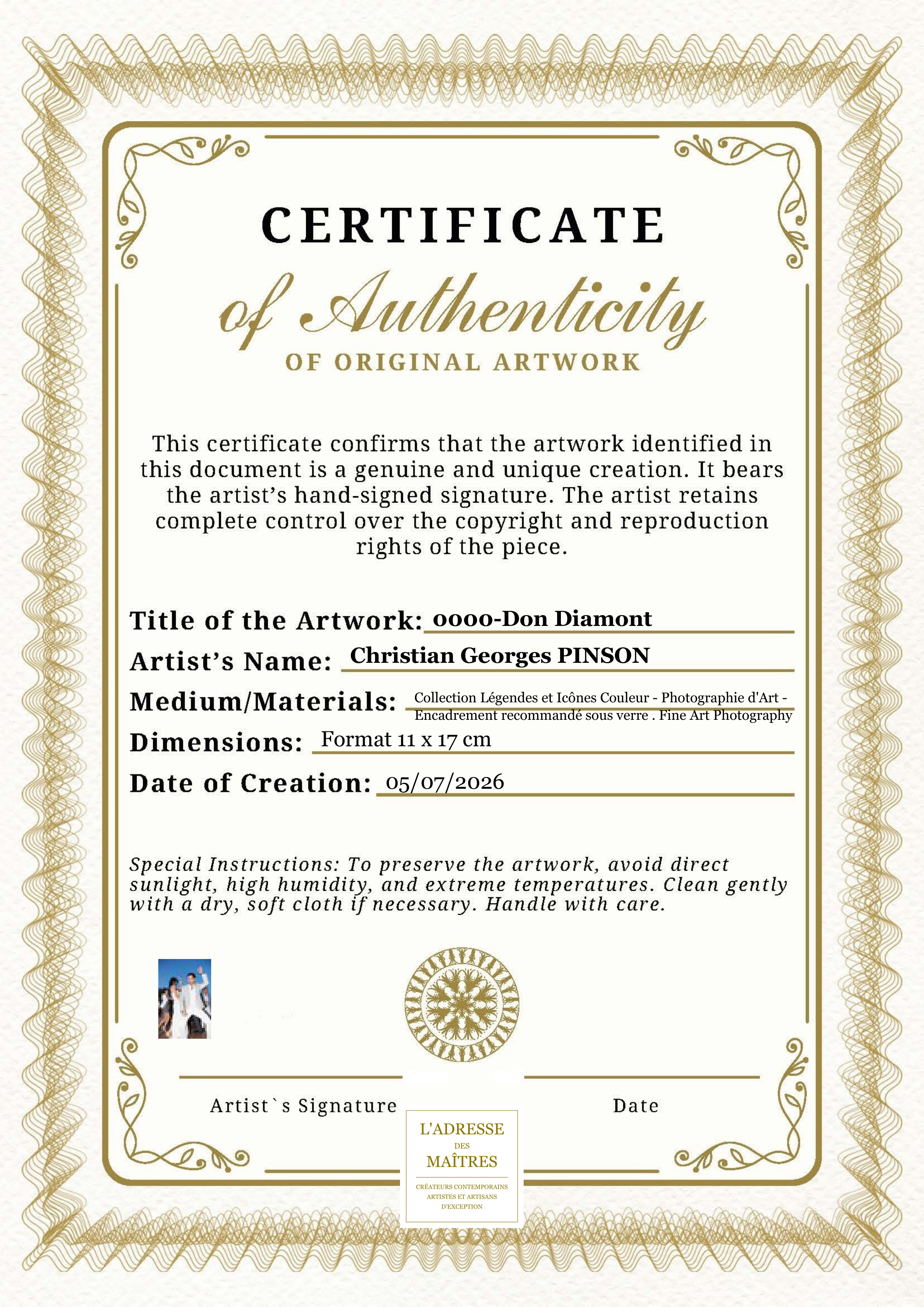 Certificat d'authenticité — 0000-Don Diamont — Christian Georges PINSON
