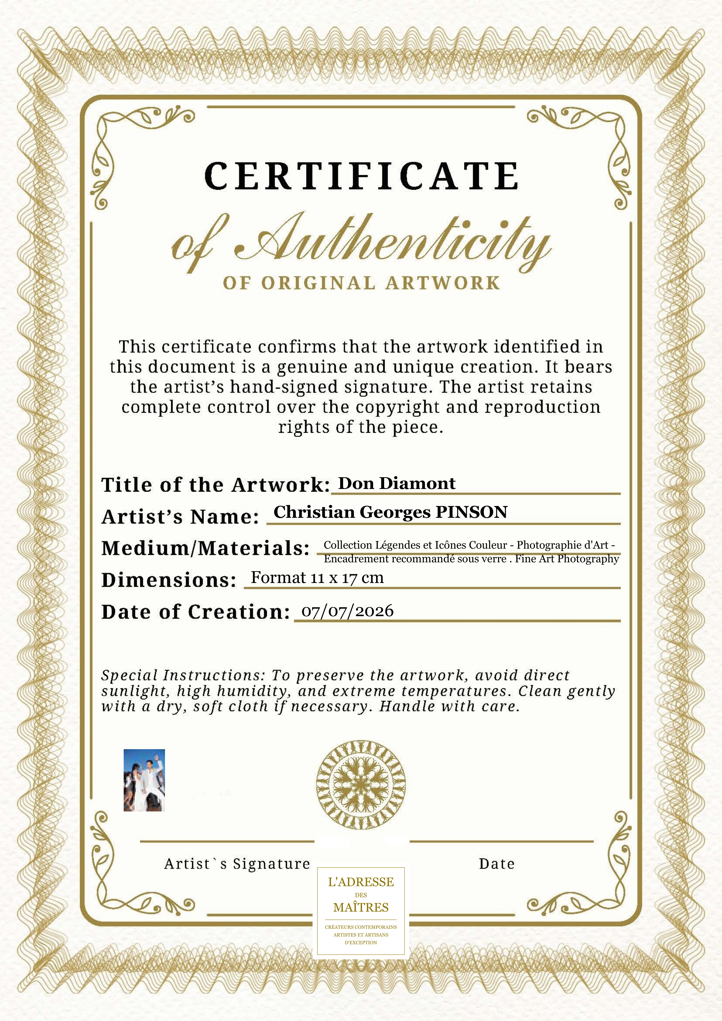 Certificat d'authenticité — Don Diamont — Christian Georges PINSON
