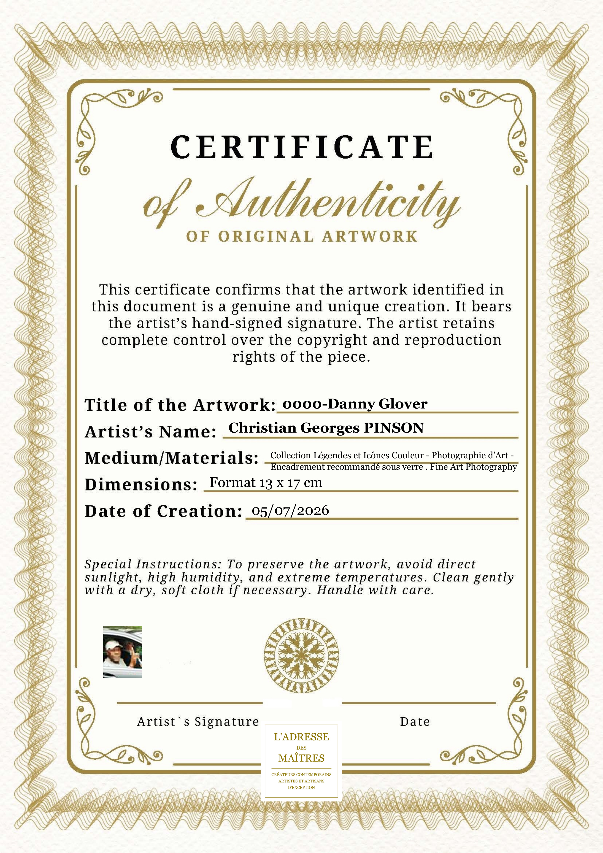 Certificat d'authenticité — 0000-Danny Glover — Christian Georges PINSON