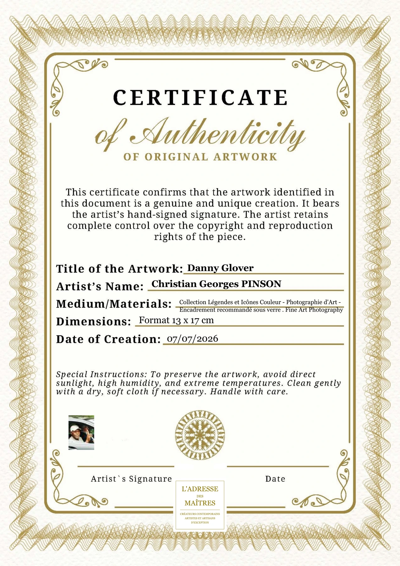 Certificat d'authenticité - Danny Glover - Christian Georges PINSON